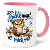 Herzbotschaft Eulen Tasse – Der frühe Vogel kann mich mal – Lustige Kaffeetasse mit mürrischer Eule und Kaffee – Geschenk für Morgenmuffel, Langschläfer, Kaffeeliebhaber, Kollegen und Freunde – 330 ml