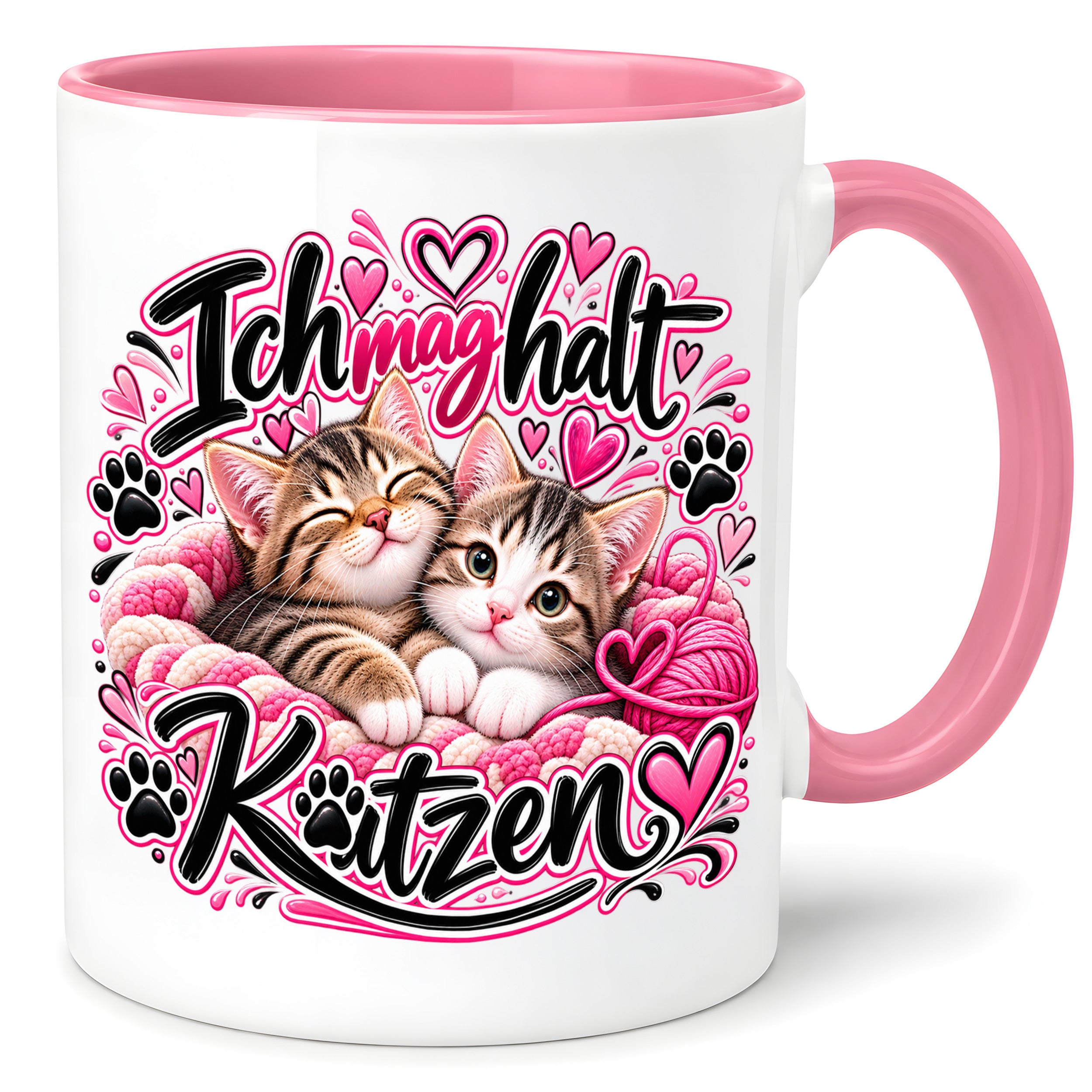 Herzbotschaft Katzen Tasse – Ich mag halt Katzen – Süße Kaffeetasse mit zwei Katzenbabys, Herzen und Pfoten – Geschenk für Katzenliebhaber, Katzenmama, Frauen und Freundin – 330 ml