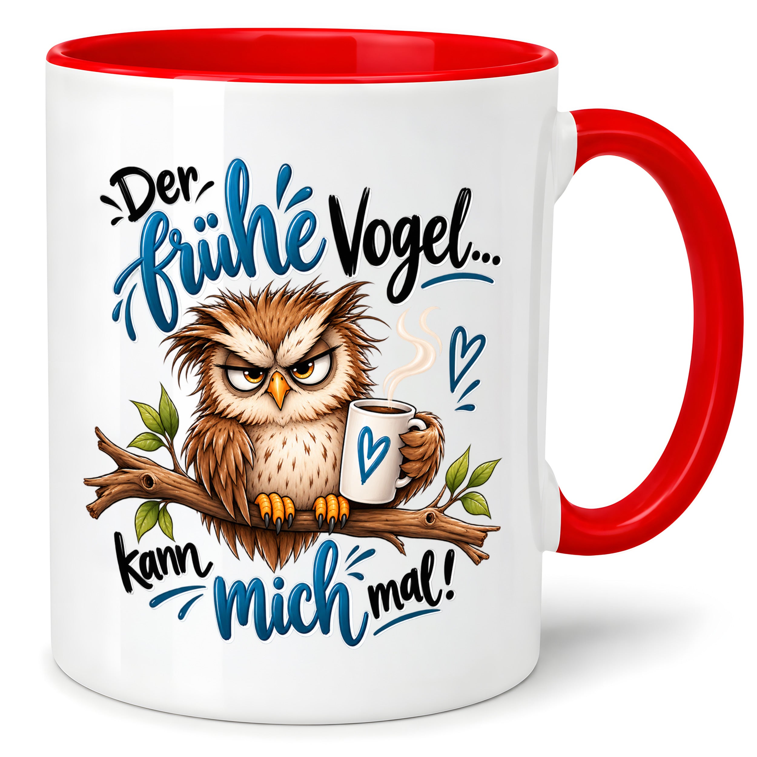 Herzbotschaft Eulen Tasse – Der frühe Vogel kann mich mal – Lustige Kaffeetasse mit mürrischer Eule und Kaffee – Geschenk für Morgenmuffel, Langschläfer, Kaffeeliebhaber, Kollegen und Freunde – 330 ml