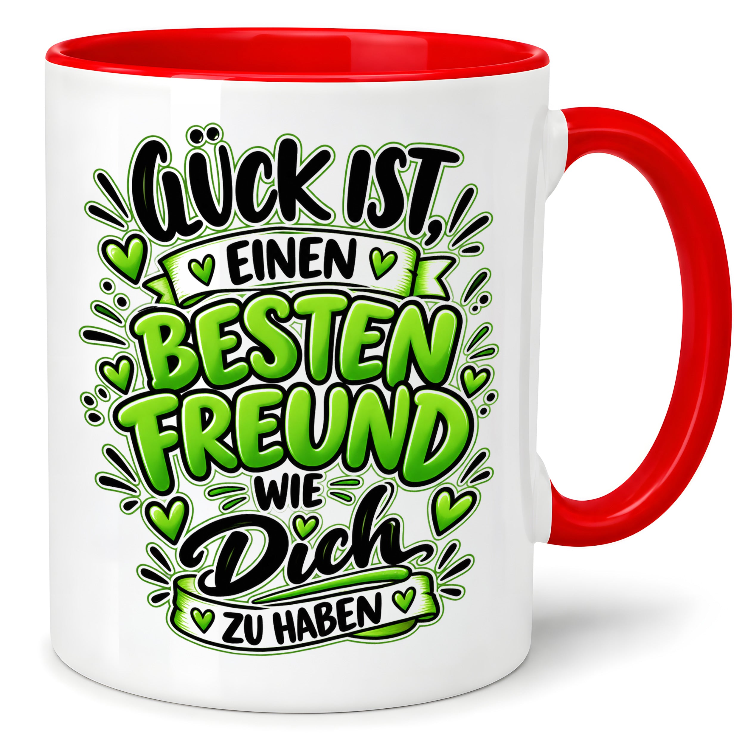 Herzbotschaft Bester Freund Tasse – Glück ist einen besten Freund wie dich zu haben – Kaffeetasse 330 ml mit Freundschaftsspruch und grünem Herz Motiv – Geschenk für besten Freund, Kumpel und Lieblingsmenschen – Freundschaft Geschenkidee