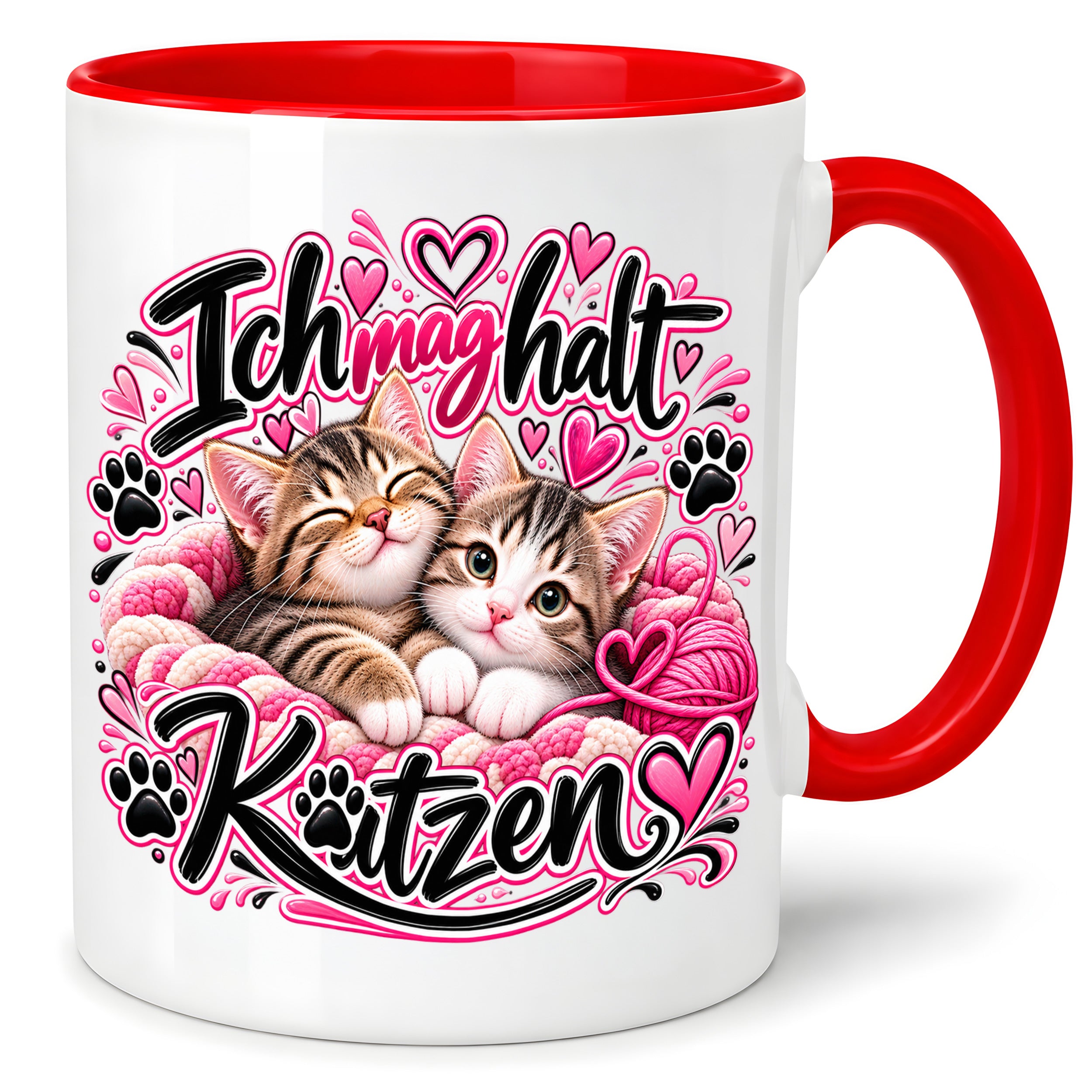 Herzbotschaft Katzen Tasse – Ich mag halt Katzen – Süße Kaffeetasse mit zwei Katzenbabys, Herzen und Pfoten – Geschenk für Katzenliebhaber, Katzenmama, Frauen und Freundin – 330 ml