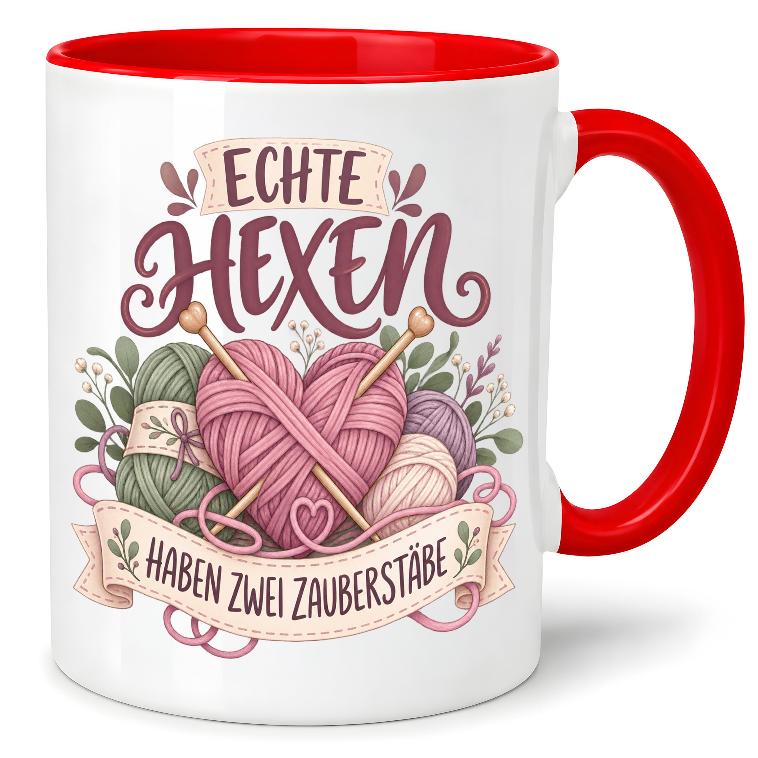 Stricken Tasse Echte Hexen haben zwei Zauberstäbe 330 ml Geschenk für Strickerin Wolle Handarbeit Geburtstag Weihnachten