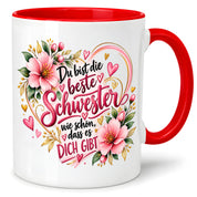 Herzbotschaft Schwester Tasse – Du bist die beste Schwester, wie schön dass es dich gibt – Kaffeetasse 330 ml mit rosa Blumen und Herzen – Geschenk für Schwester zum Geburtstag, Weihnachten, als Dankeschön oder kleine Aufmerksamkeit