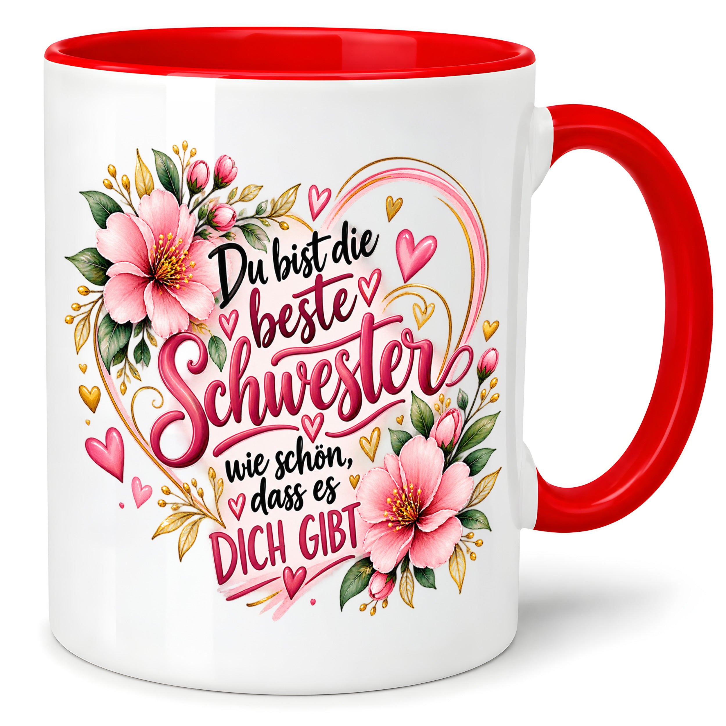 Herzbotschaft Schwester Tasse – Du bist die beste Schwester, wie schön dass es dich gibt – Kaffeetasse 330 ml mit rosa Blumen und Herzen – Geschenk für Schwester zum Geburtstag, Weihnachten, als Dankeschön oder kleine Aufmerksamkeit