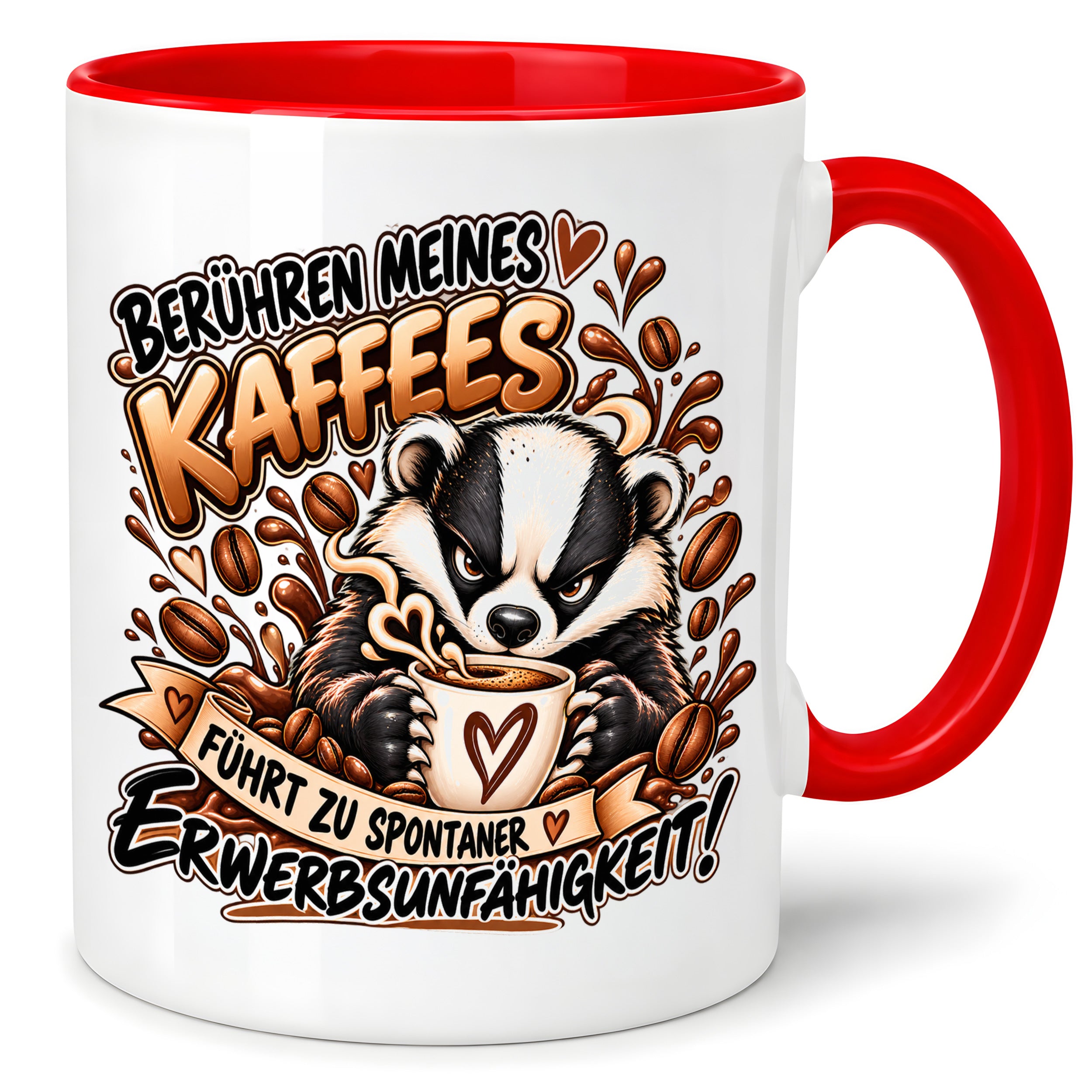 Herzbotschaft Dachs Tasse – Berühren meines Kaffees führt zu spontaner Erwerbsunfähigkeit – Lustige Kaffeetasse mit frechem Dachs Motiv – Geschenk für Kaffeeliebhaber, Kollegen und Büro – 330 ml