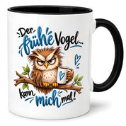 Herzbotschaft Eulen Tasse – Der frühe Vogel kann mich mal – Lustige Kaffeetasse mit mürrischer Eule und Kaffee – Geschenk für Morgenmuffel, Langschläfer, Kaffeeliebhaber, Kollegen und Freunde – 330 ml