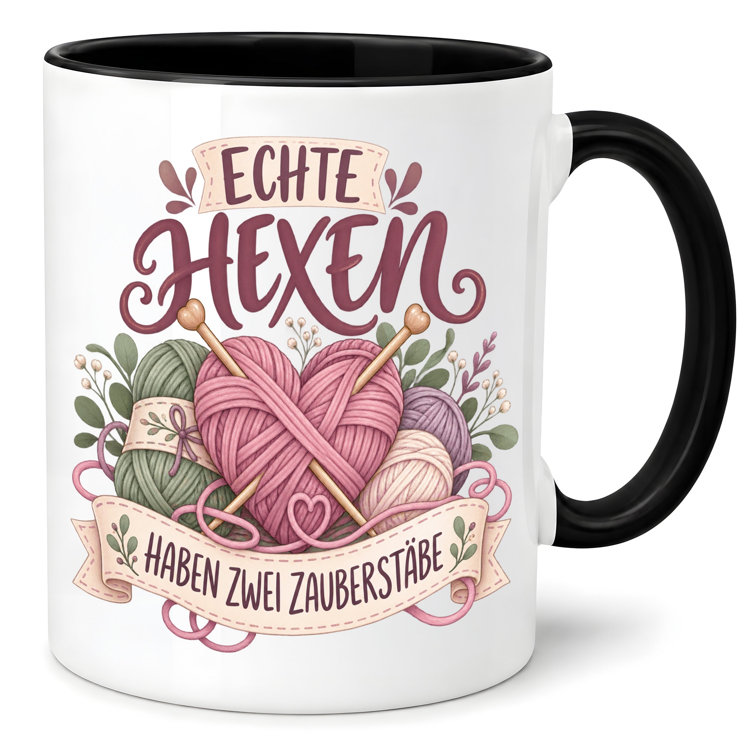 Stricken Tasse Echte Hexen haben zwei Zauberstäbe 330 ml Geschenk für Strickerin Wolle Handarbeit Geburtstag Weihnachten