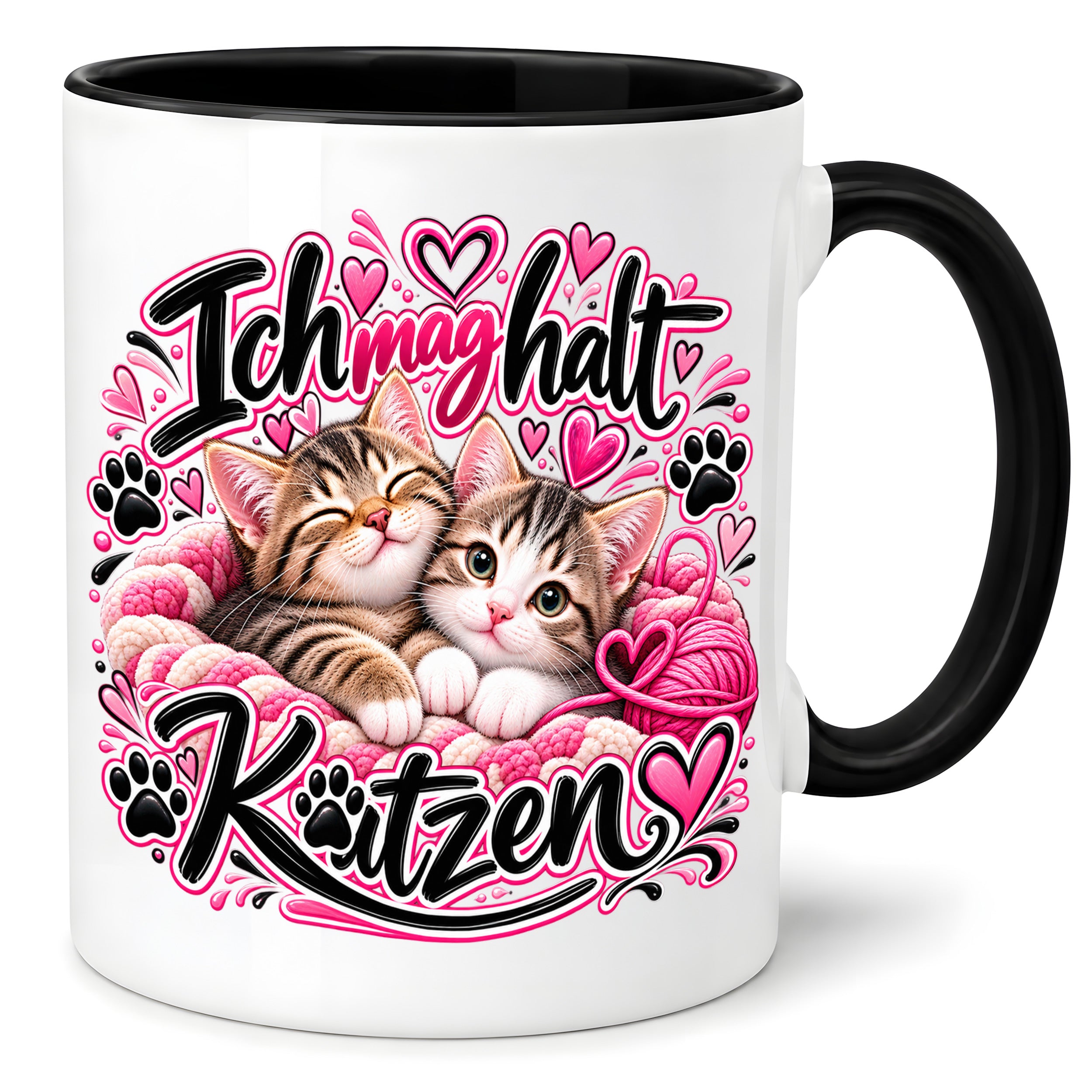 Herzbotschaft Katzen Tasse – Ich mag halt Katzen – Süße Kaffeetasse mit zwei Katzenbabys, Herzen und Pfoten – Geschenk für Katzenliebhaber, Katzenmama, Frauen und Freundin – 330 ml