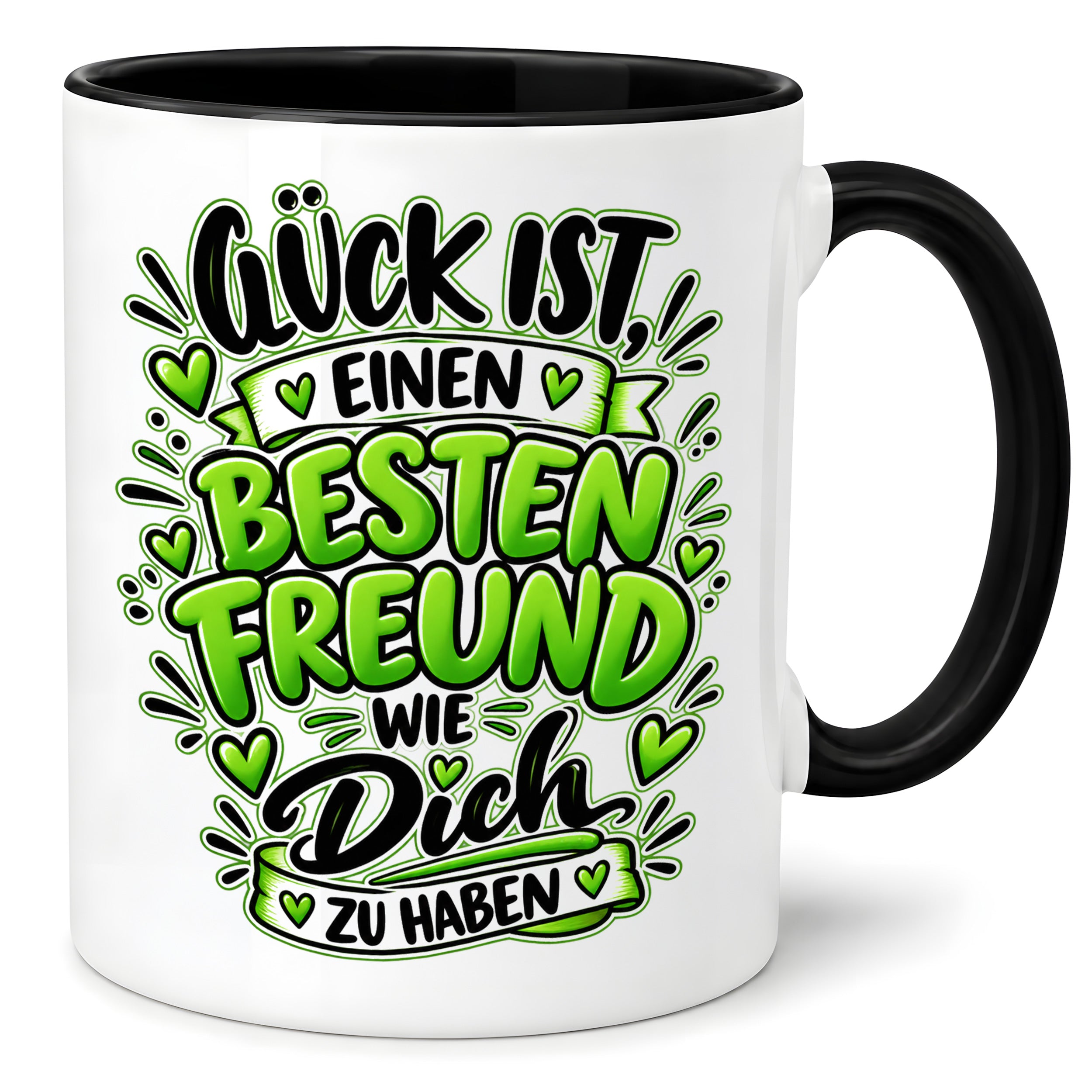Herzbotschaft Bester Freund Tasse – Glück ist einen besten Freund wie dich zu haben – Kaffeetasse 330 ml mit Freundschaftsspruch und grünem Herz Motiv – Geschenk für besten Freund, Kumpel und Lieblingsmenschen – Freundschaft Geschenkidee
