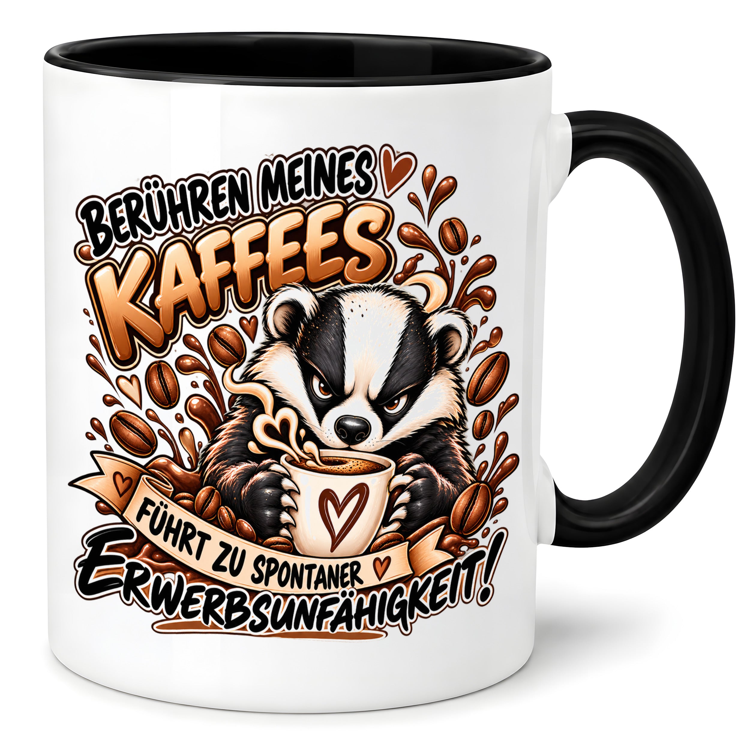 Herzbotschaft Dachs Tasse – Berühren meines Kaffees führt zu spontaner Erwerbsunfähigkeit – Lustige Kaffeetasse mit frechem Dachs Motiv – Geschenk für Kaffeeliebhaber, Kollegen und Büro – 330 ml