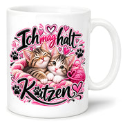 Herzbotschaft Katzen Tasse – Ich mag halt Katzen – Süße Kaffeetasse mit zwei Katzenbabys, Herzen und Pfoten – Geschenk für Katzenliebhaber, Katzenmama, Frauen und Freundin – 330 ml