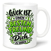 Herzbotschaft Bester Freund Tasse – Glück ist einen besten Freund wie dich zu haben – Kaffeetasse 330 ml mit Freundschaftsspruch und grünem Herz Motiv – Geschenk für besten Freund, Kumpel und Lieblingsmenschen – Freundschaft Geschenkidee