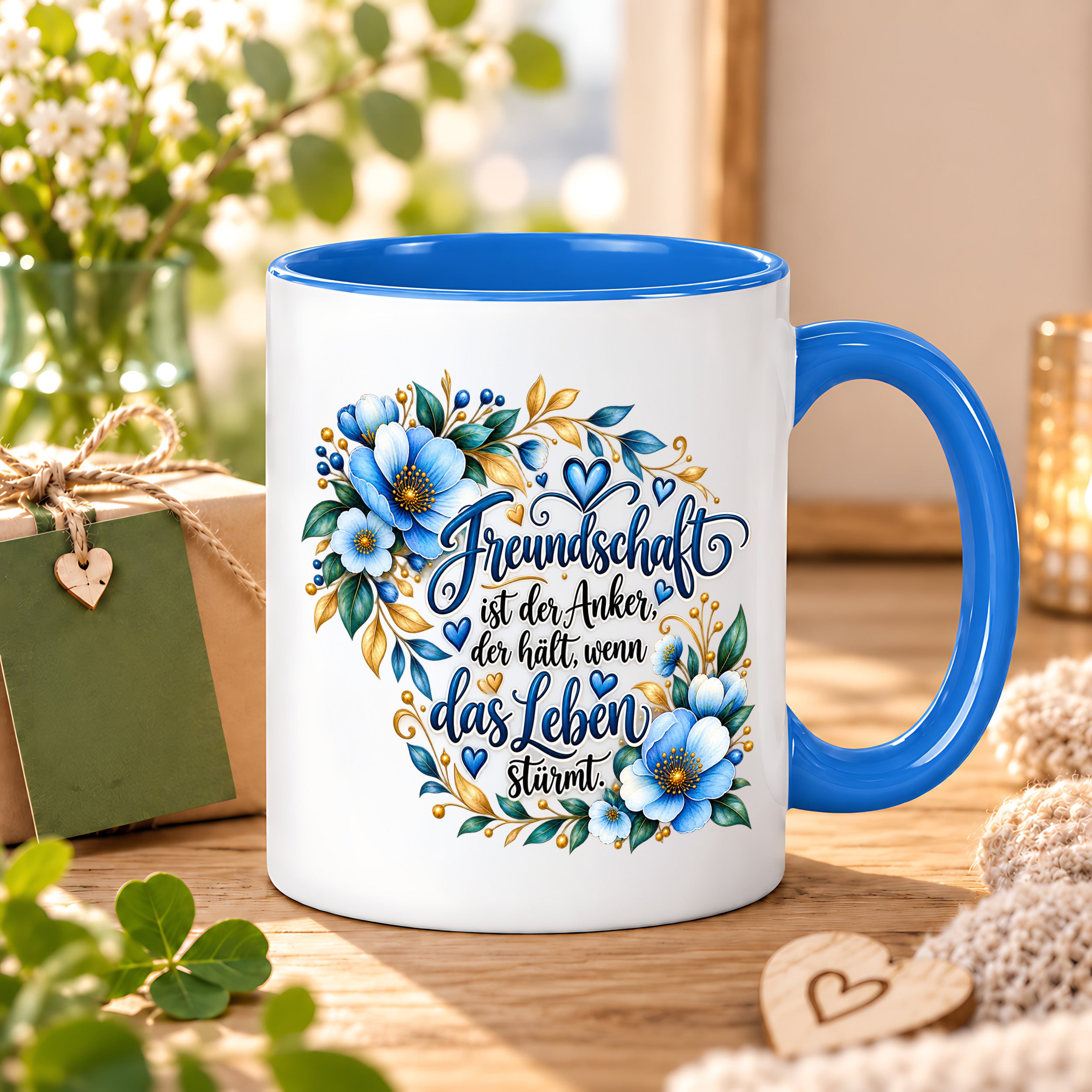 Herzbotschaft Freundschaft Tasse – Freundschaft ist der Anker, der hält, wenn das Leben stürmt – Kaffeetasse mit blauen Blumen und Herzen – Geschenk für beste Freundin, Freund, BFF und Lieblingsmensch – 330 ml