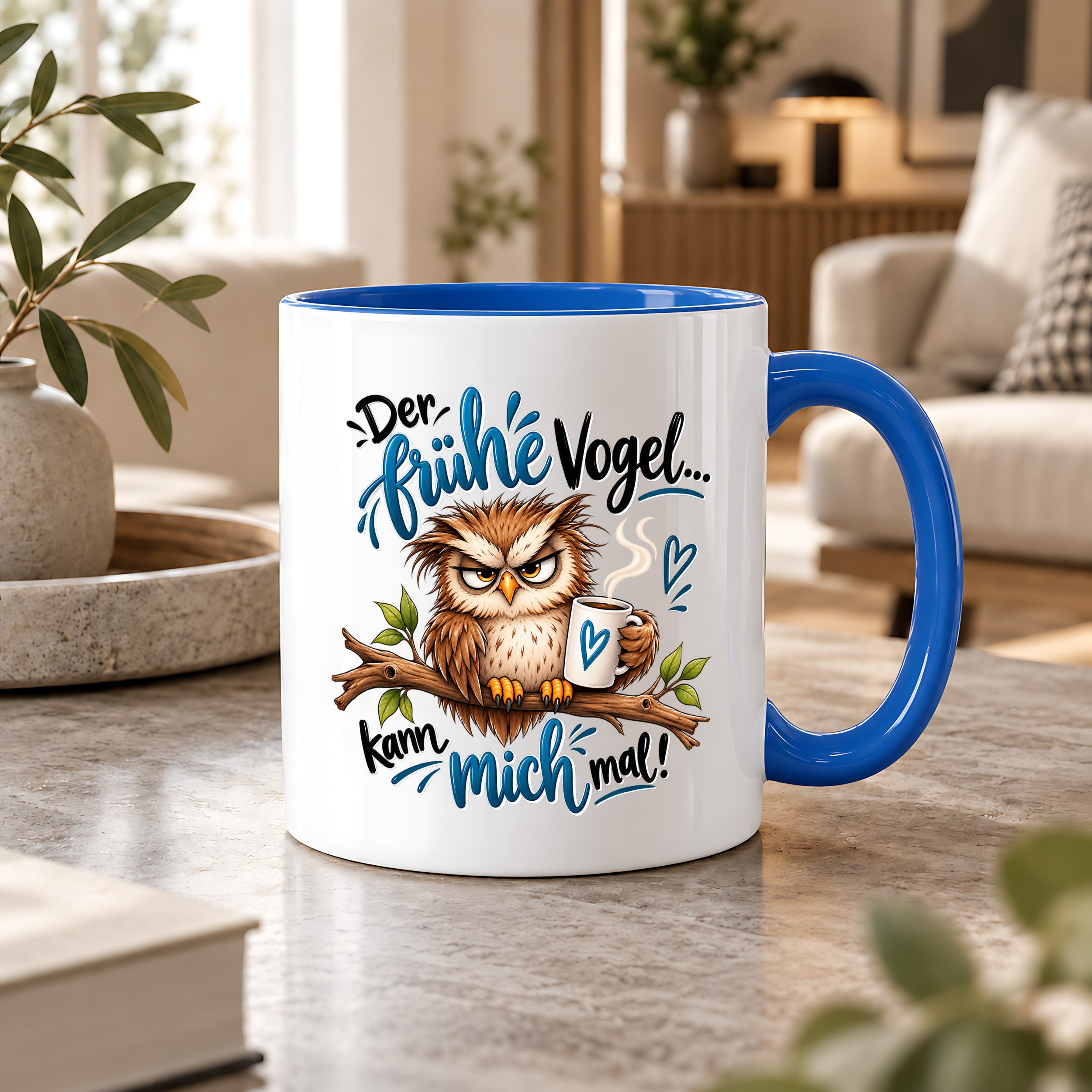 Herzbotschaft Eulen Tasse – Der frühe Vogel kann mich mal – Lustige Kaffeetasse mit mürrischer Eule und Kaffee – Geschenk für Morgenmuffel, Langschläfer, Kaffeeliebhaber, Kollegen und Freunde – 330 ml