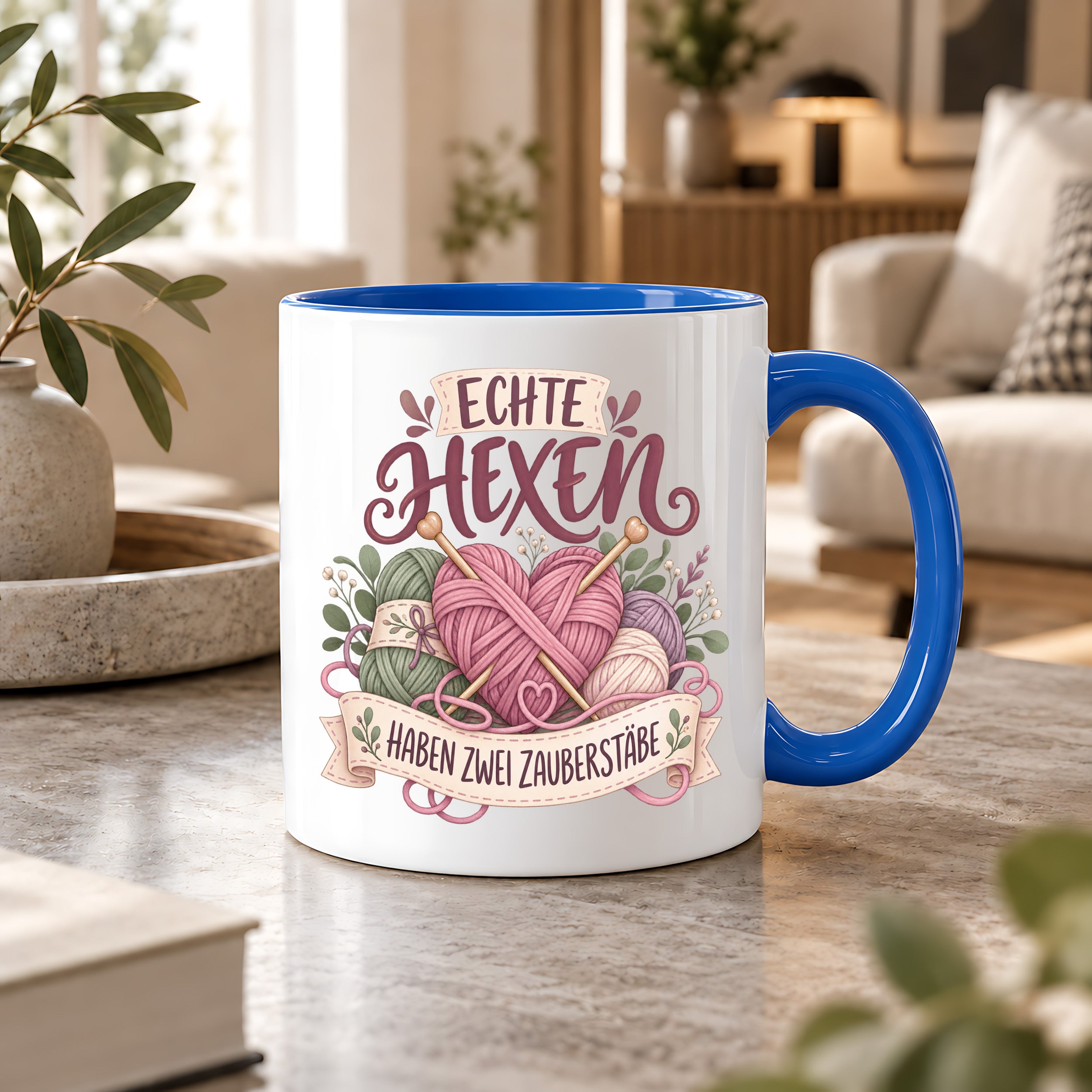 Stricken Tasse Echte Hexen haben zwei Zauberstäbe 330 ml Geschenk für Strickerin Wolle Handarbeit Geburtstag Weihnachten