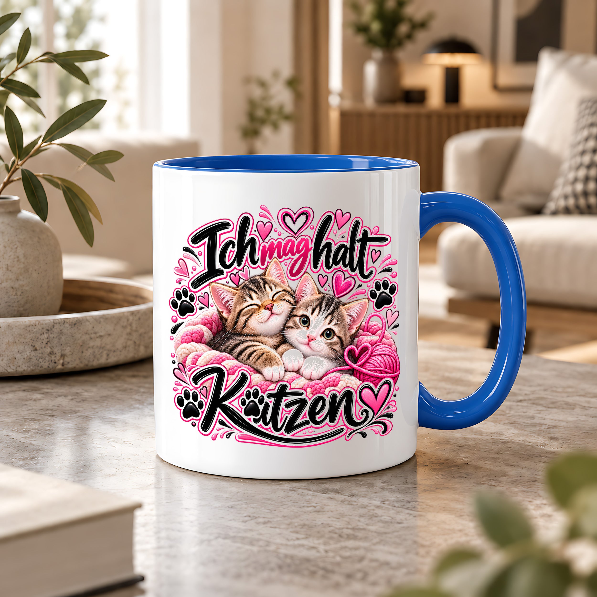 Herzbotschaft Katzen Tasse – Ich mag halt Katzen – Süße Kaffeetasse mit zwei Katzenbabys, Herzen und Pfoten – Geschenk für Katzenliebhaber, Katzenmama, Frauen und Freundin – 330 ml