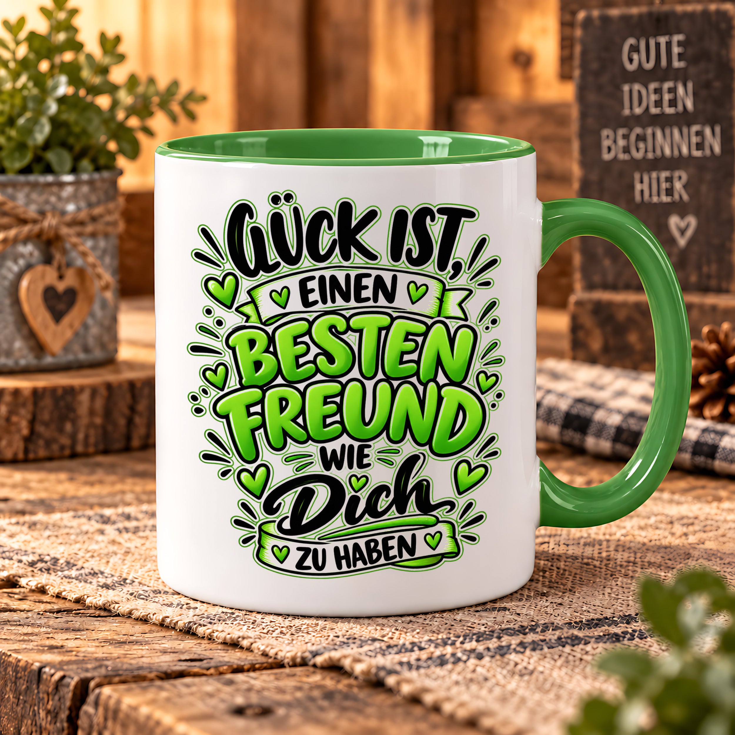 Herzbotschaft Bester Freund Tasse – Glück ist einen besten Freund wie dich zu haben – Kaffeetasse 330 ml mit Freundschaftsspruch und grünem Herz Motiv – Geschenk für besten Freund, Kumpel und Lieblingsmenschen – Freundschaft Geschenkidee