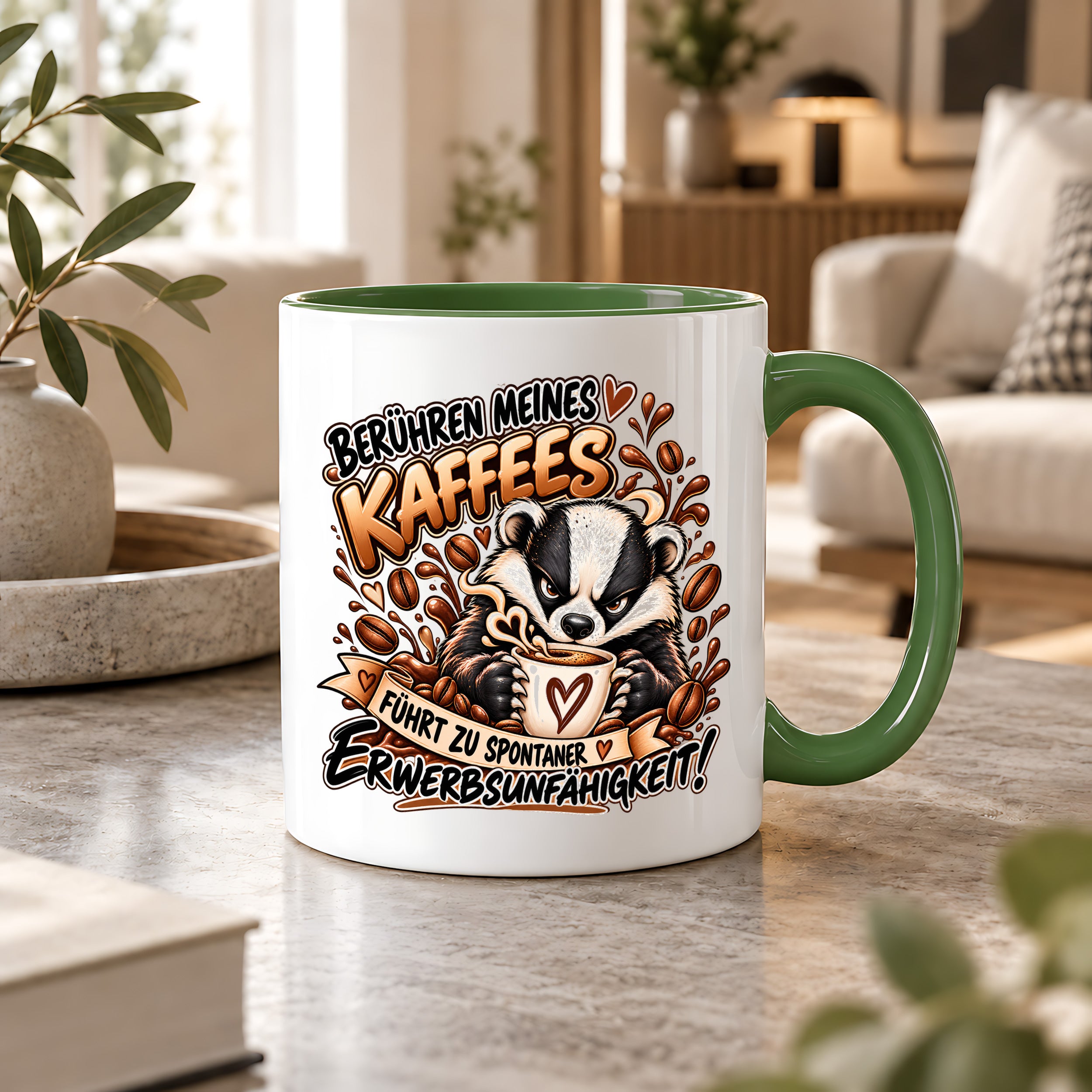 Herzbotschaft Dachs Tasse – Berühren meines Kaffees führt zu spontaner Erwerbsunfähigkeit – Lustige Kaffeetasse mit frechem Dachs Motiv – Geschenk für Kaffeeliebhaber, Kollegen und Büro – 330 ml
