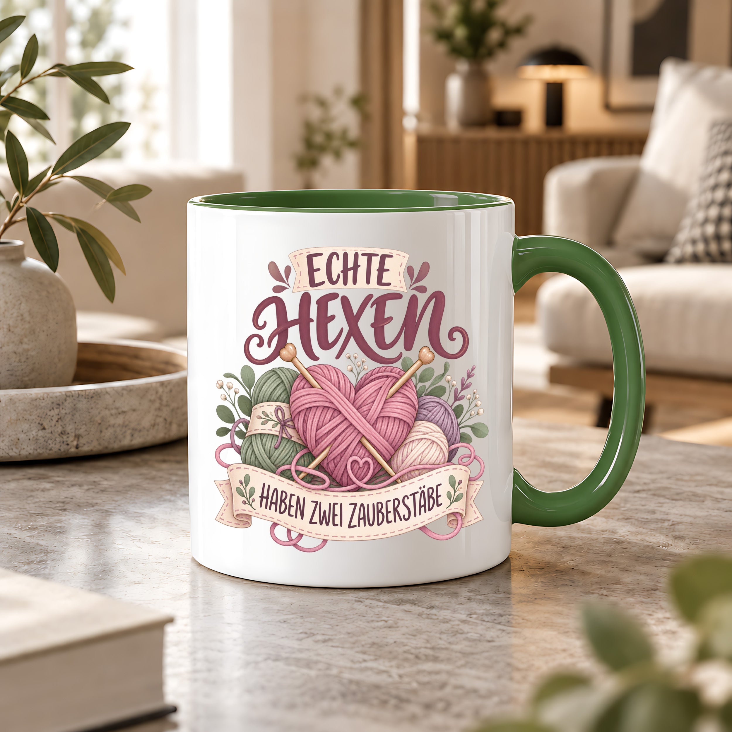 Stricken Tasse Echte Hexen haben zwei Zauberstäbe 330 ml Geschenk für Strickerin Wolle Handarbeit Geburtstag Weihnachten
