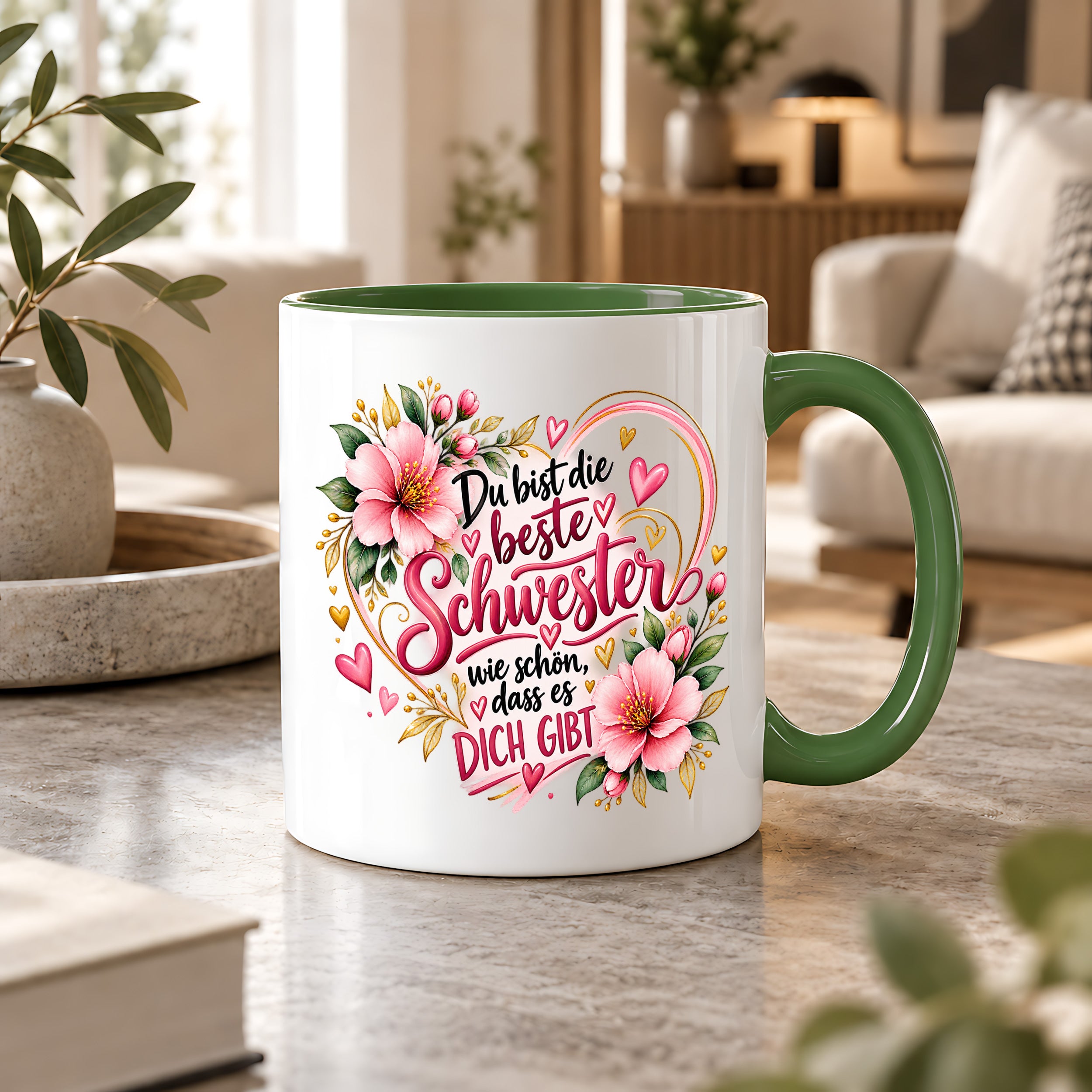 Herzbotschaft Schwester Tasse – Du bist die beste Schwester, wie schön dass es dich gibt – Kaffeetasse 330 ml mit rosa Blumen und Herzen – Geschenk für Schwester zum Geburtstag, Weihnachten, als Dankeschön oder kleine Aufmerksamkeit