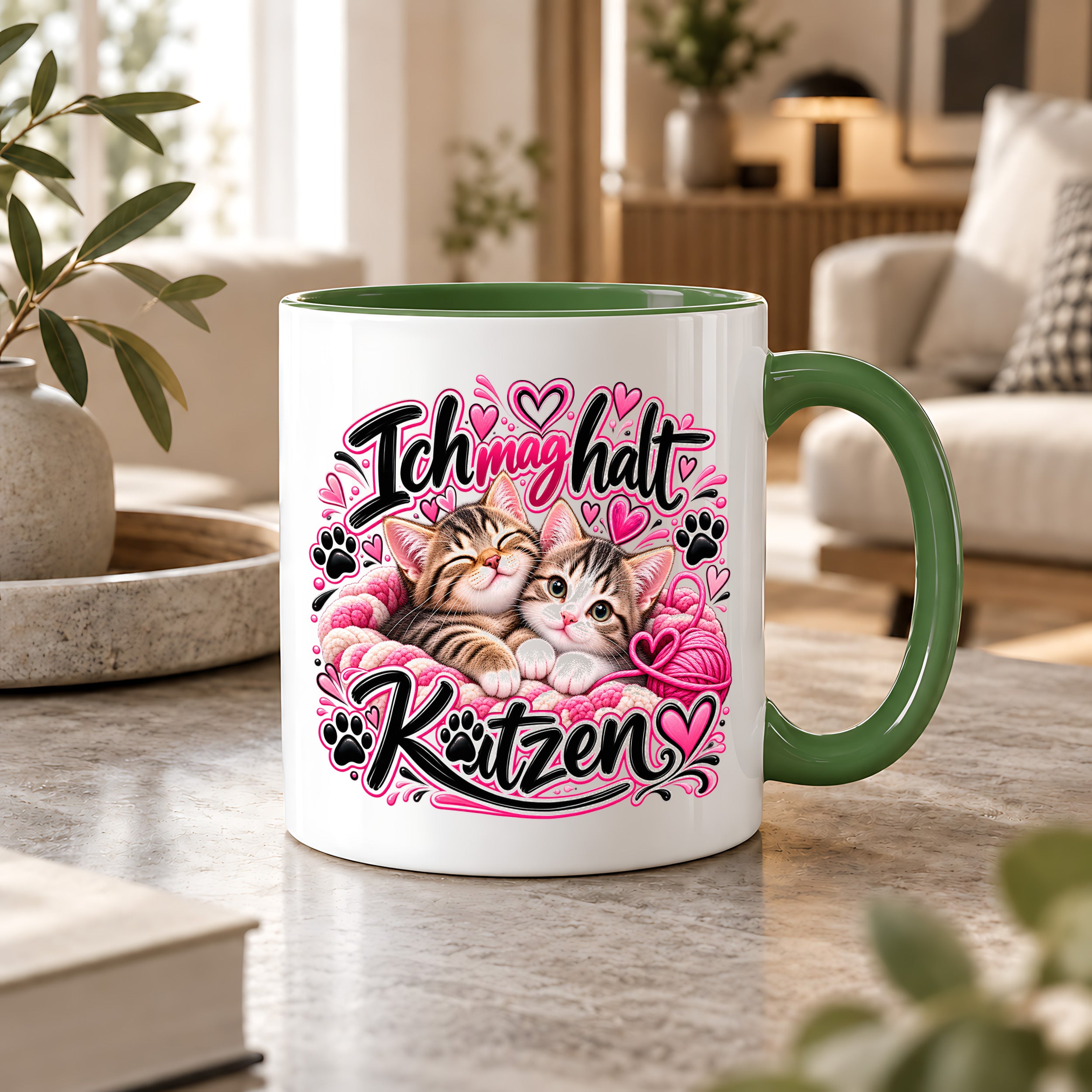 Herzbotschaft Katzen Tasse – Ich mag halt Katzen – Süße Kaffeetasse mit zwei Katzenbabys, Herzen und Pfoten – Geschenk für Katzenliebhaber, Katzenmama, Frauen und Freundin – 330 ml