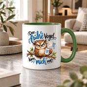 Herzbotschaft Eulen Tasse – Der frühe Vogel kann mich mal – Lustige Kaffeetasse mit mürrischer Eule und Kaffee – Geschenk für Morgenmuffel, Langschläfer, Kaffeeliebhaber, Kollegen und Freunde – 330 ml