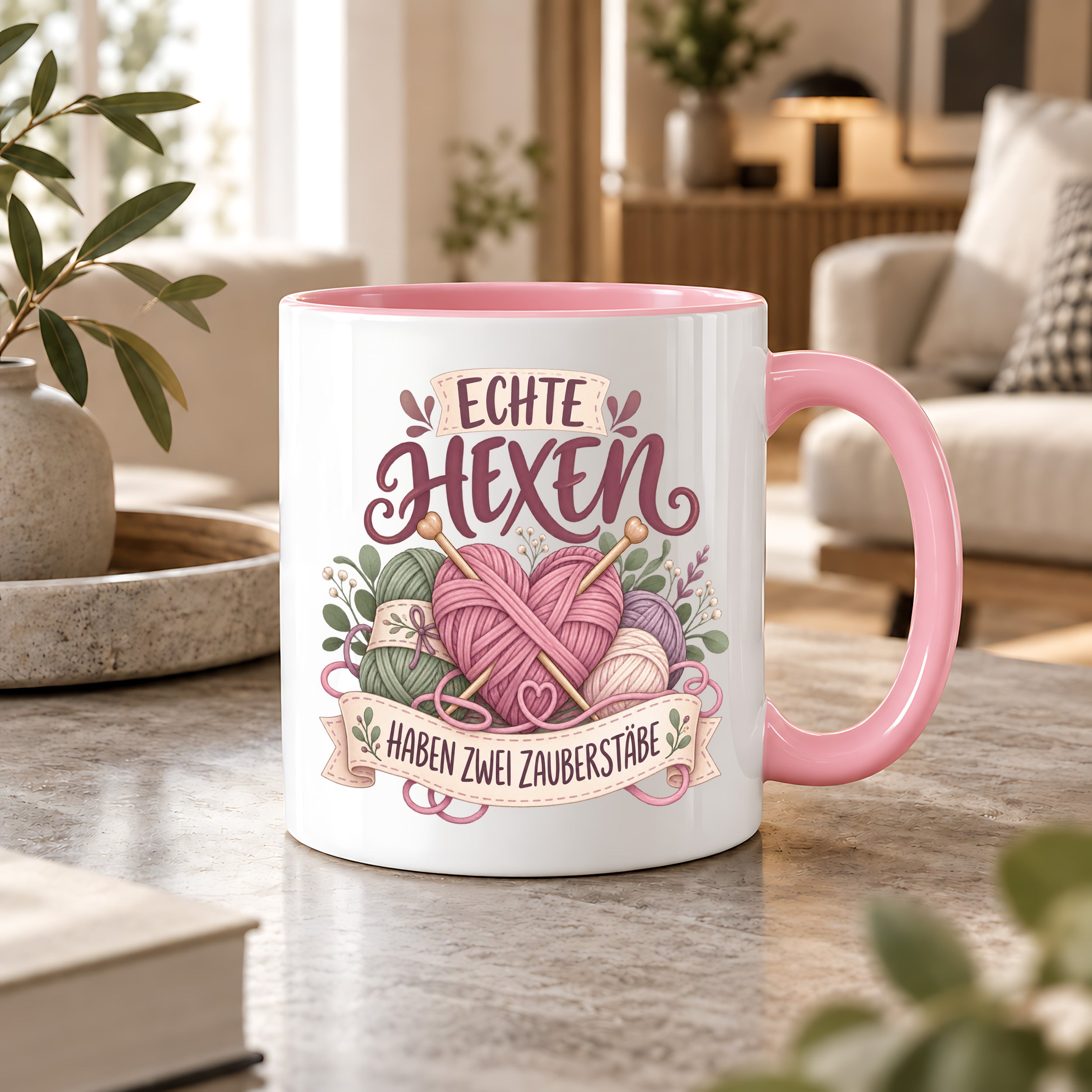 Stricken Tasse Echte Hexen haben zwei Zauberstäbe 330 ml Geschenk für Strickerin Wolle Handarbeit Geburtstag Weihnachten