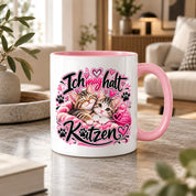 Herzbotschaft Katzen Tasse – Ich mag halt Katzen – Süße Kaffeetasse mit zwei Katzenbabys, Herzen und Pfoten – Geschenk für Katzenliebhaber, Katzenmama, Frauen und Freundin – 330 ml