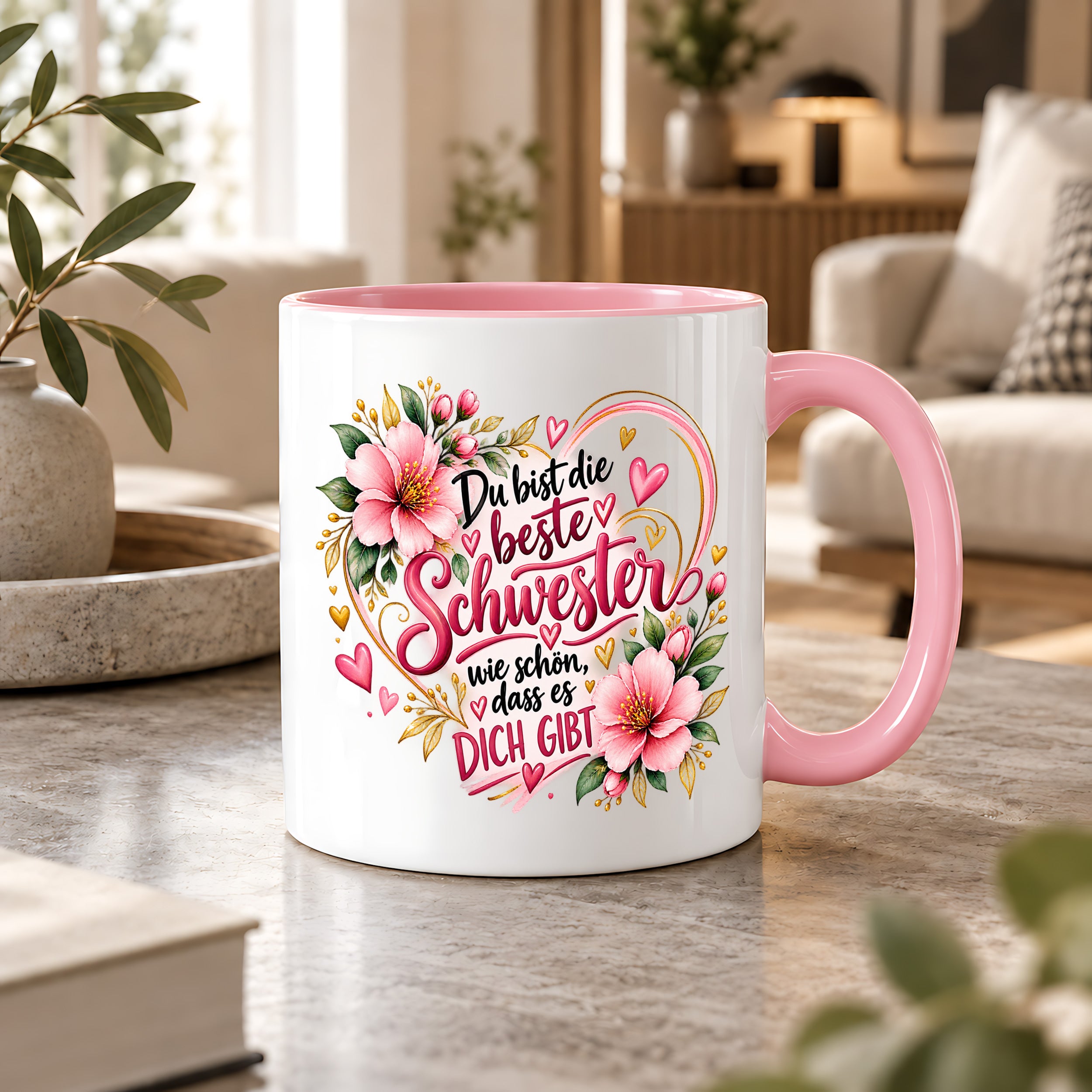 Herzbotschaft Schwester Tasse – Du bist die beste Schwester, wie schön dass es dich gibt – Kaffeetasse 330 ml mit rosa Blumen und Herzen – Geschenk für Schwester zum Geburtstag, Weihnachten, als Dankeschön oder kleine Aufmerksamkeit
