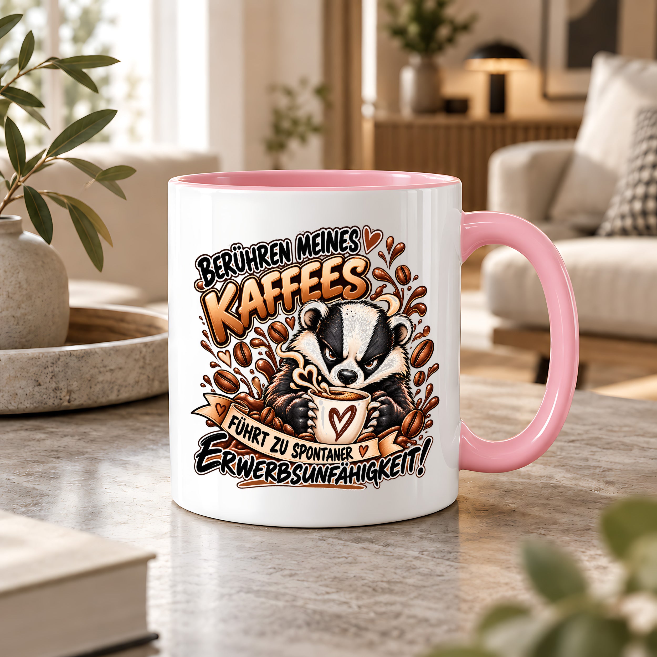 Herzbotschaft Dachs Tasse – Berühren meines Kaffees führt zu spontaner Erwerbsunfähigkeit – Lustige Kaffeetasse mit frechem Dachs Motiv – Geschenk für Kaffeeliebhaber, Kollegen und Büro – 330 ml