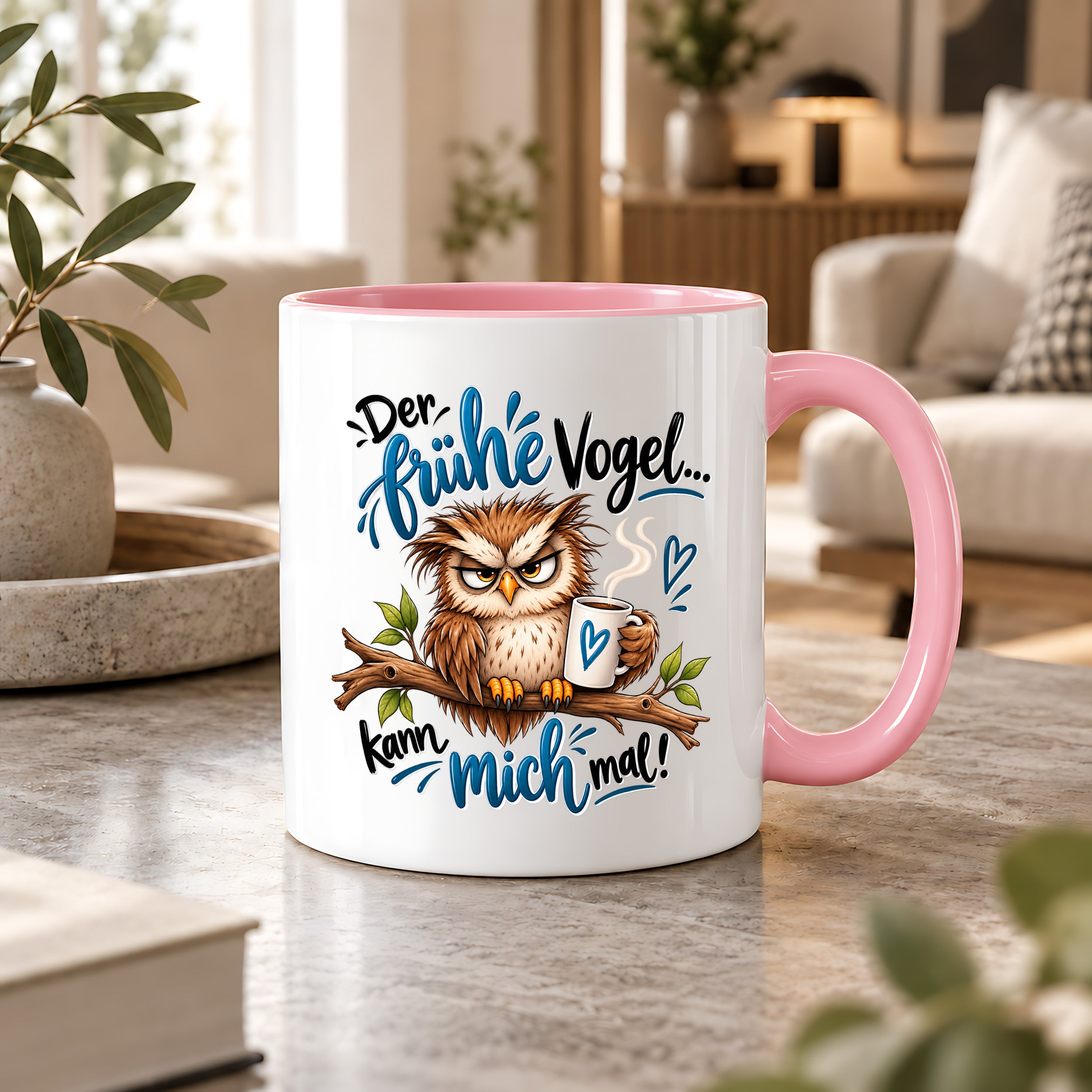 Herzbotschaft Eulen Tasse – Der frühe Vogel kann mich mal – Lustige Kaffeetasse mit mürrischer Eule und Kaffee – Geschenk für Morgenmuffel, Langschläfer, Kaffeeliebhaber, Kollegen und Freunde – 330 ml