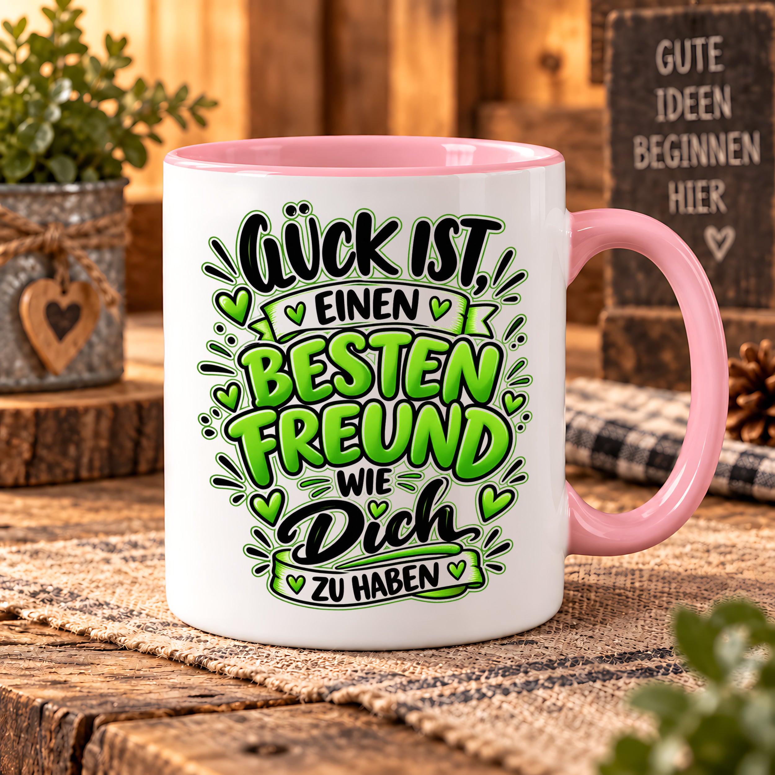 Herzbotschaft Bester Freund Tasse – Glück ist einen besten Freund wie dich zu haben – Kaffeetasse 330 ml mit Freundschaftsspruch und grünem Herz Motiv – Geschenk für besten Freund, Kumpel und Lieblingsmenschen – Freundschaft Geschenkidee
