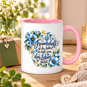 Herzbotschaft Freundschaft Tasse – Freundschaft ist der Anker, der hält, wenn das Leben stürmt – Kaffeetasse mit blauen Blumen und Herzen – Geschenk für beste Freundin, Freund, BFF und Lieblingsmensch – 330 ml