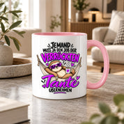Herzbotschaft Verrückte Tante Tasse – Jemand muss ja den Job der verrückten Tante übernehmen – Lustige Kaffeetasse 330 ml mit Faultier Motiv – Geschenk für Tante, Lieblingstante, Schwester und Schwägerin – Originelle Spruchtasse mit Humor
