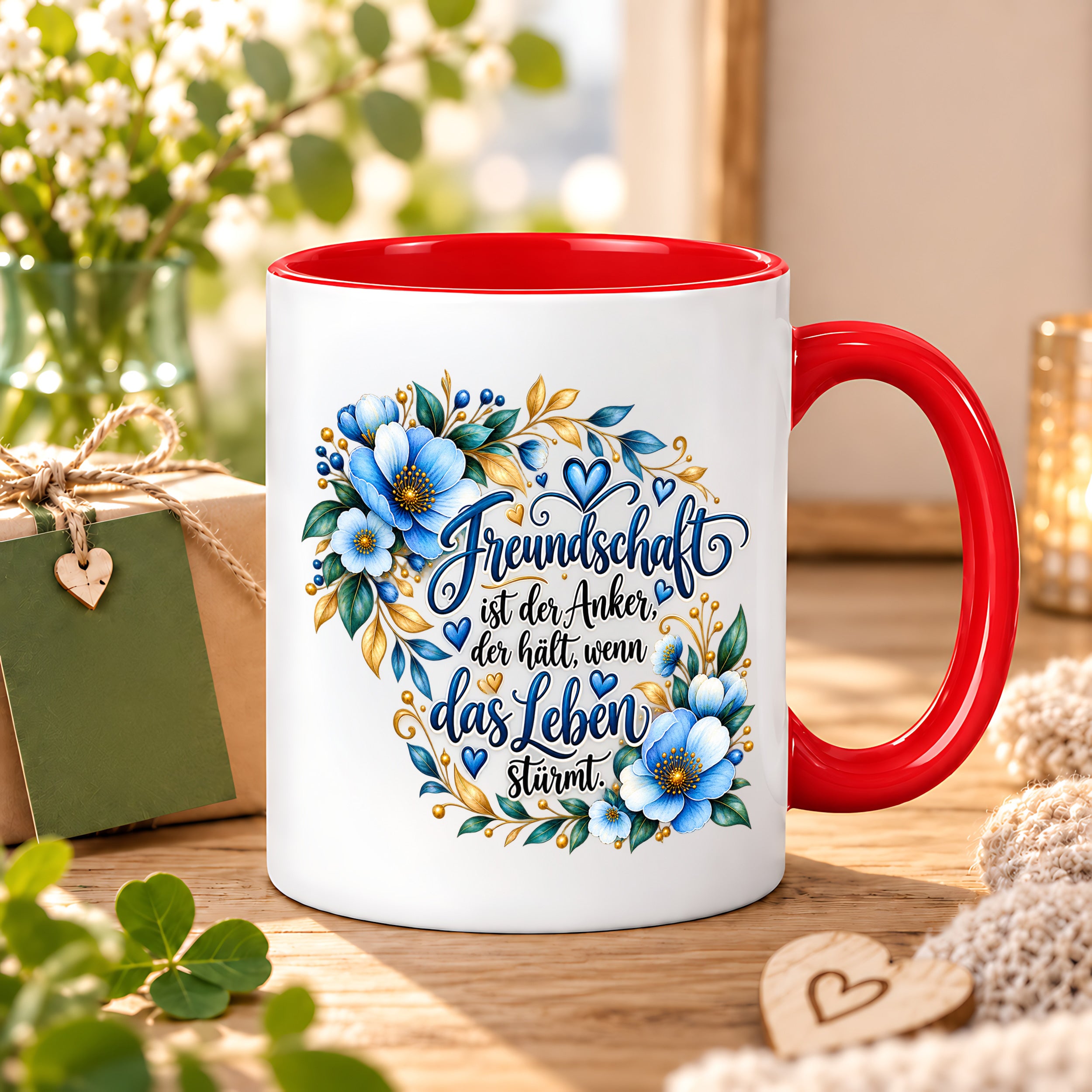 Herzbotschaft Freundschaft Tasse – Freundschaft ist der Anker, der hält, wenn das Leben stürmt – Kaffeetasse mit blauen Blumen und Herzen – Geschenk für beste Freundin, Freund, BFF und Lieblingsmensch – 330 ml