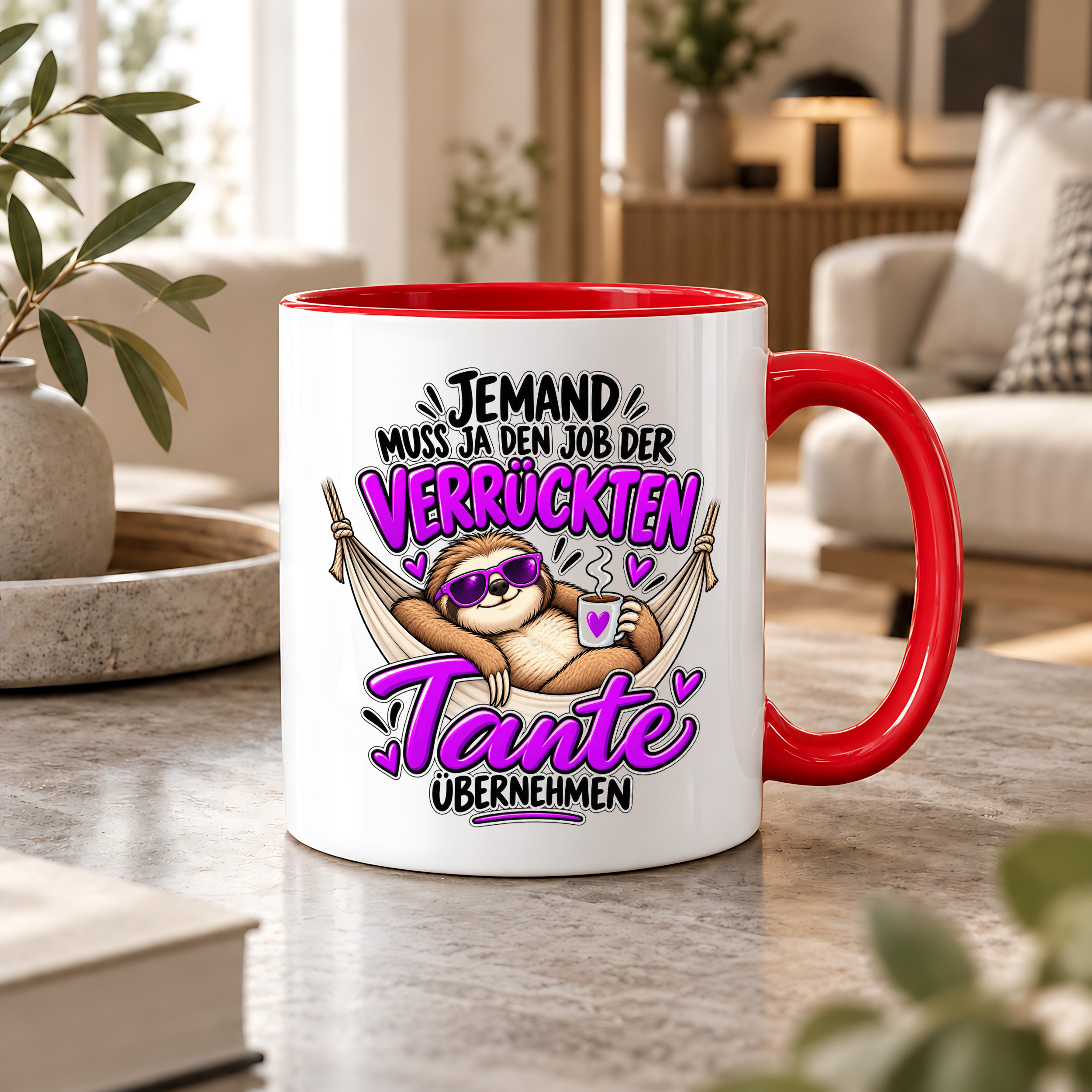Herzbotschaft Verrückte Tante Tasse – Jemand muss ja den Job der verrückten Tante übernehmen – Lustige Kaffeetasse 330 ml mit Faultier Motiv – Geschenk für Tante, Lieblingstante, Schwester und Schwägerin – Originelle Spruchtasse mit Humor