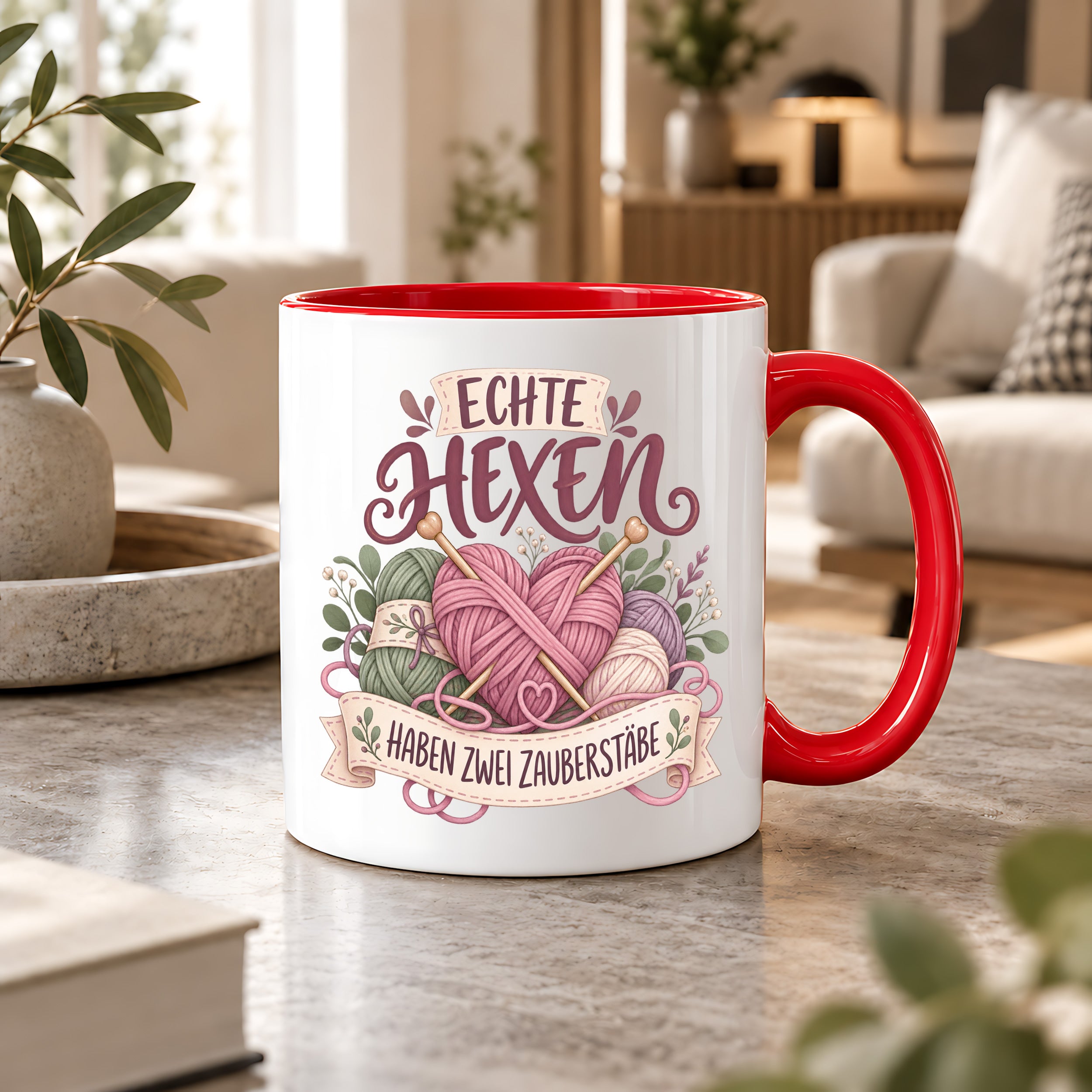 Stricken Tasse Echte Hexen haben zwei Zauberstäbe 330 ml Geschenk für Strickerin Wolle Handarbeit Geburtstag Weihnachten