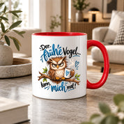 Herzbotschaft Eulen Tasse – Der frühe Vogel kann mich mal – Lustige Kaffeetasse mit mürrischer Eule und Kaffee – Geschenk für Morgenmuffel, Langschläfer, Kaffeeliebhaber, Kollegen und Freunde – 330 ml
