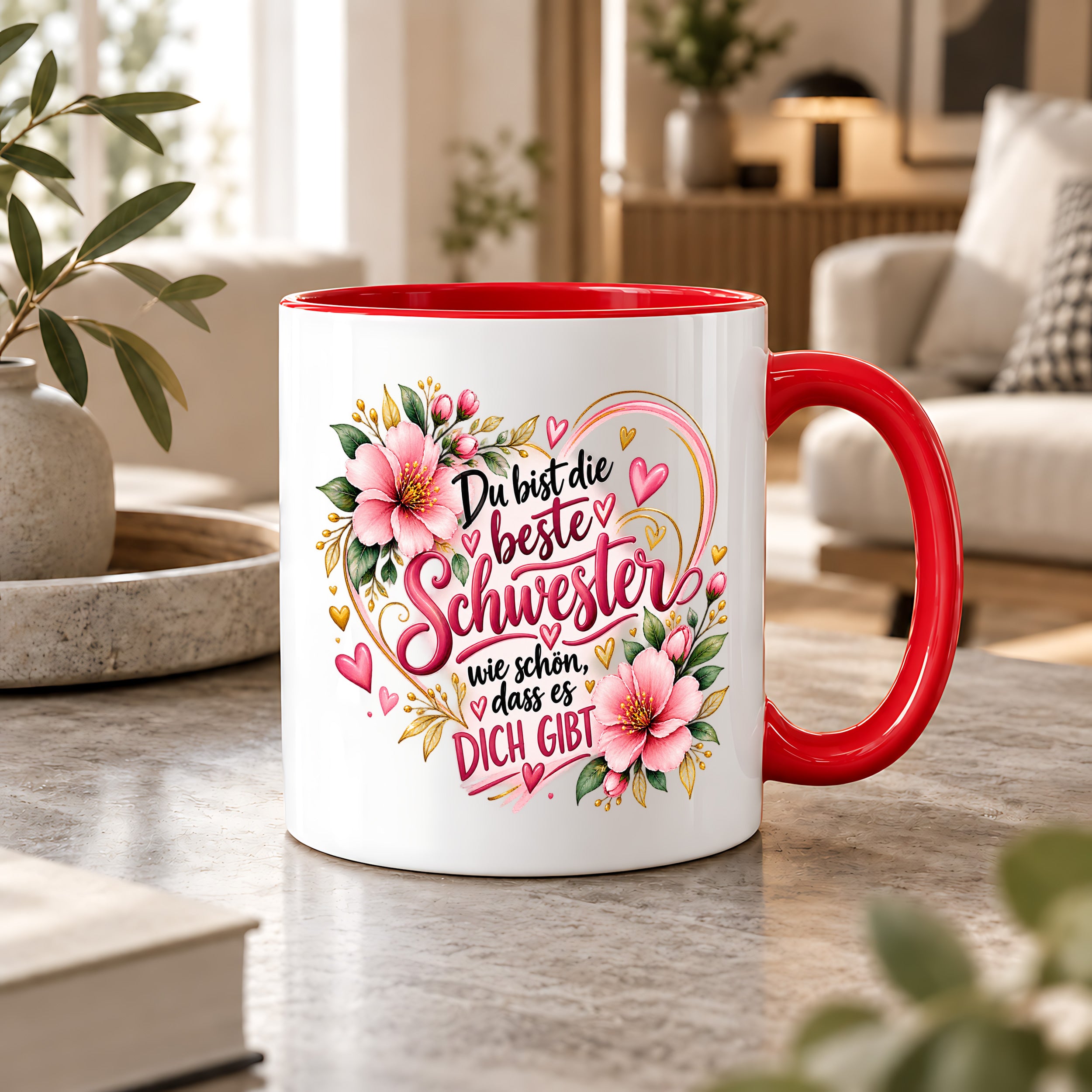 Herzbotschaft Schwester Tasse – Du bist die beste Schwester, wie schön dass es dich gibt – Kaffeetasse 330 ml mit rosa Blumen und Herzen – Geschenk für Schwester zum Geburtstag, Weihnachten, als Dankeschön oder kleine Aufmerksamkeit