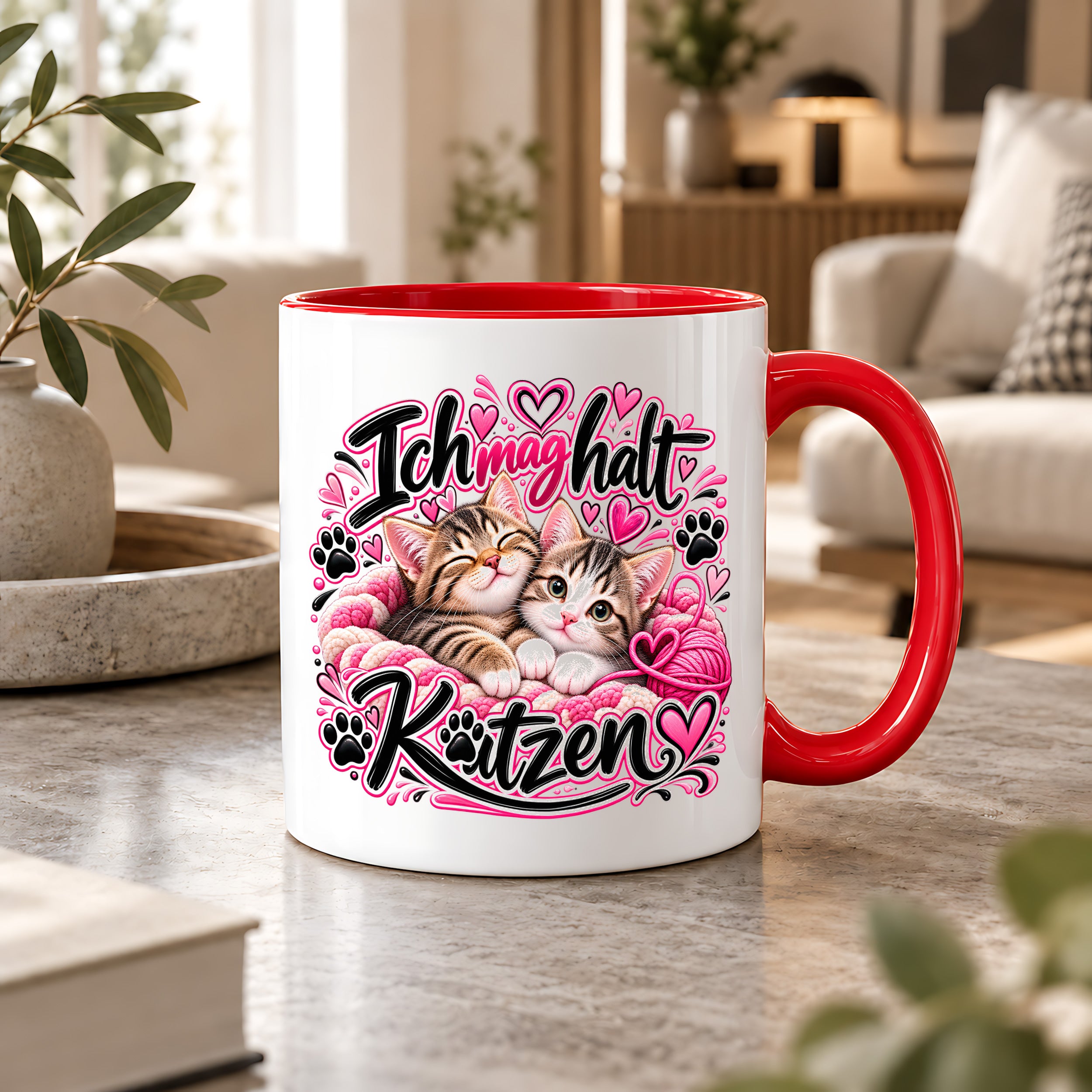 Herzbotschaft Katzen Tasse – Ich mag halt Katzen – Süße Kaffeetasse mit zwei Katzenbabys, Herzen und Pfoten – Geschenk für Katzenliebhaber, Katzenmama, Frauen und Freundin – 330 ml