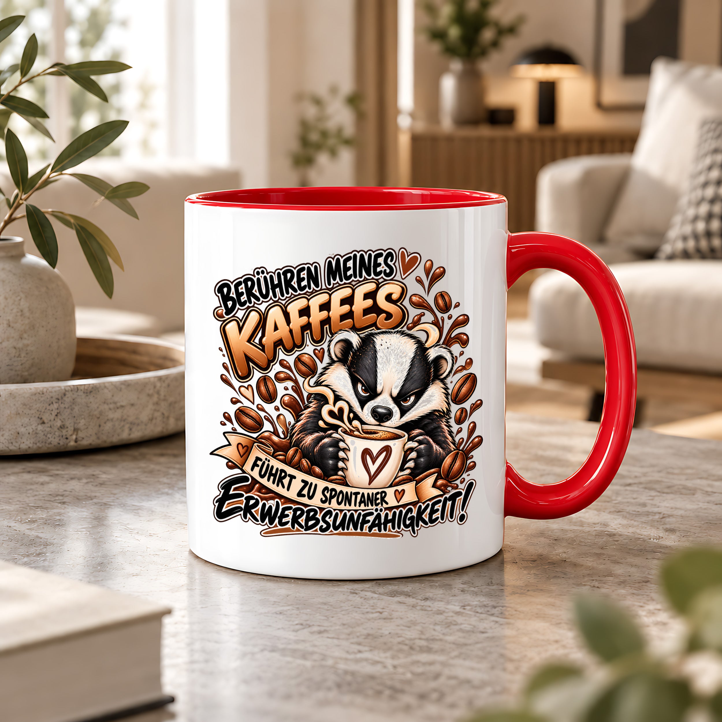 Herzbotschaft Dachs Tasse – Berühren meines Kaffees führt zu spontaner Erwerbsunfähigkeit – Lustige Kaffeetasse mit frechem Dachs Motiv – Geschenk für Kaffeeliebhaber, Kollegen und Büro – 330 ml