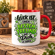Herzbotschaft Bester Freund Tasse – Glück ist einen besten Freund wie dich zu haben – Kaffeetasse 330 ml mit Freundschaftsspruch und grünem Herz Motiv – Geschenk für besten Freund, Kumpel und Lieblingsmenschen – Freundschaft Geschenkidee