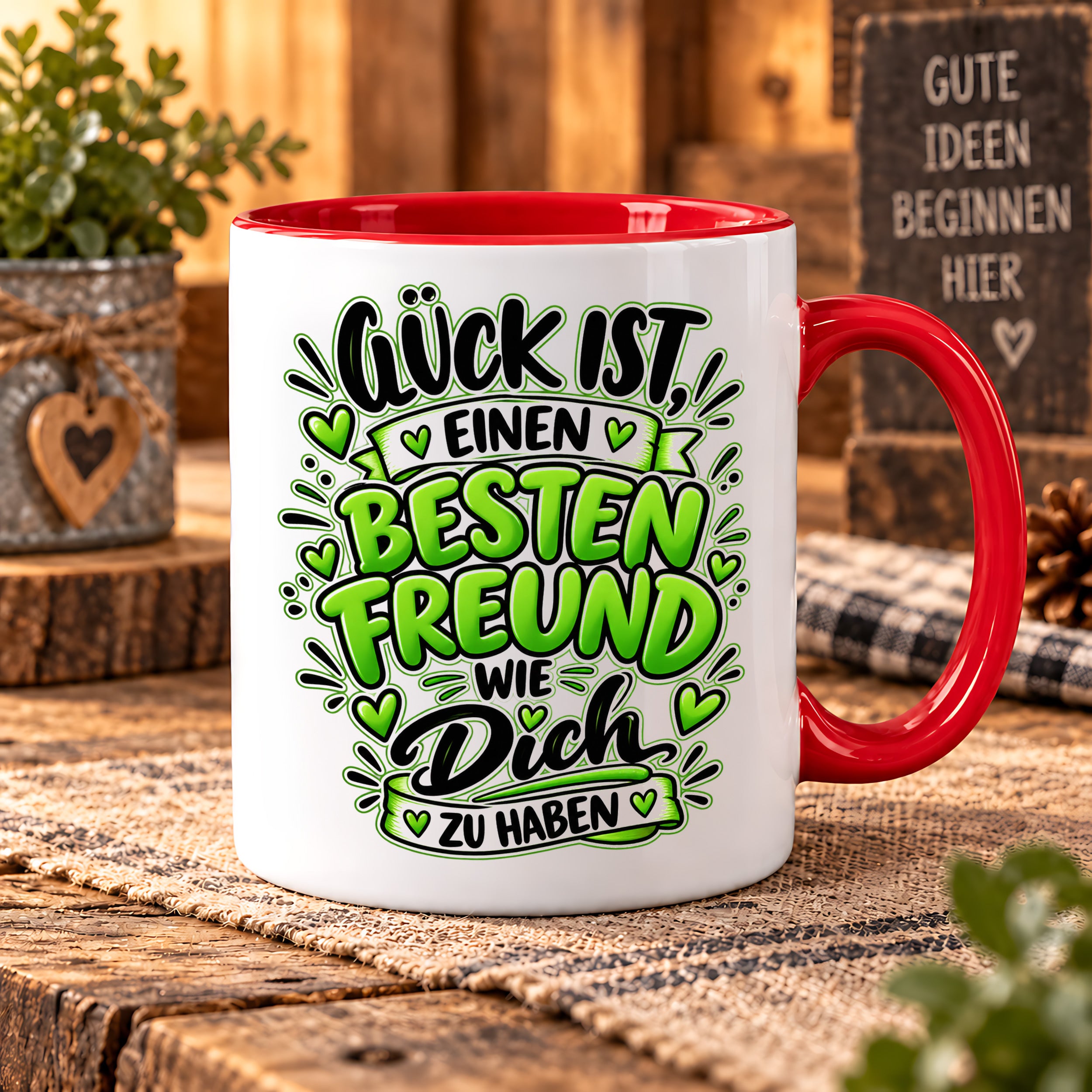Herzbotschaft Bester Freund Tasse – Glück ist einen besten Freund wie dich zu haben – Kaffeetasse 330 ml mit Freundschaftsspruch und grünem Herz Motiv – Geschenk für besten Freund, Kumpel und Lieblingsmenschen – Freundschaft Geschenkidee