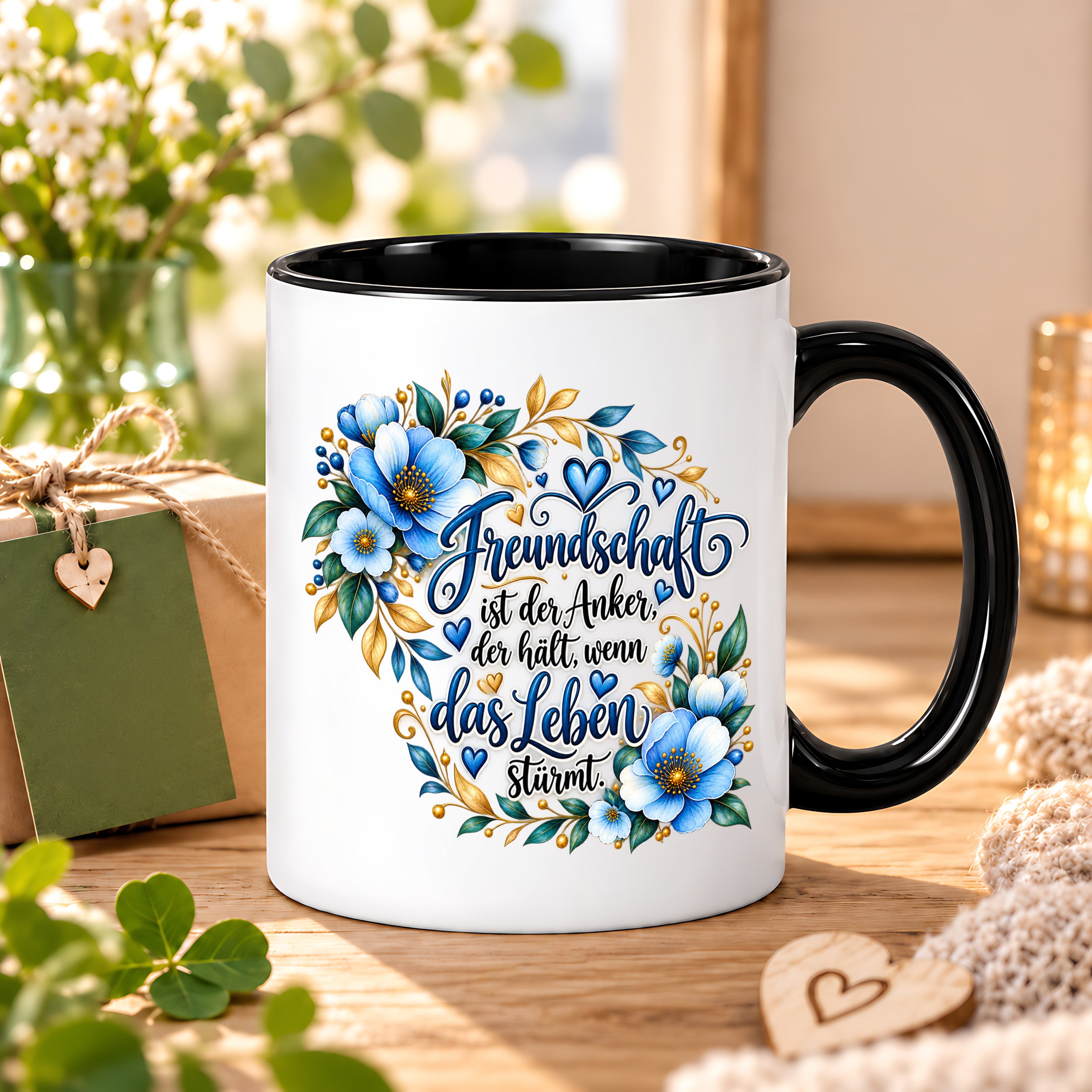 Herzbotschaft Freundschaft Tasse – Freundschaft ist der Anker, der hält, wenn das Leben stürmt – Kaffeetasse mit blauen Blumen und Herzen – Geschenk für beste Freundin, Freund, BFF und Lieblingsmensch – 330 ml