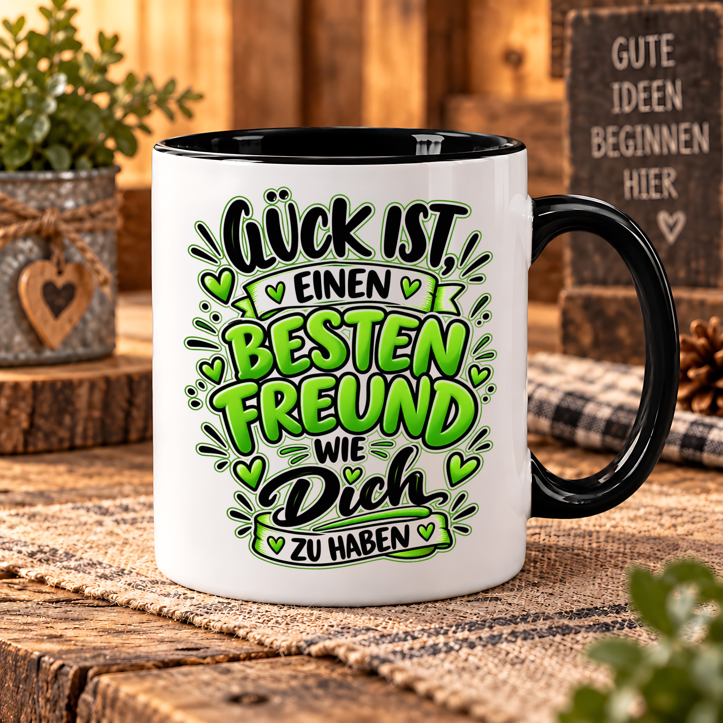 Herzbotschaft Bester Freund Tasse – Glück ist einen besten Freund wie dich zu haben – Kaffeetasse 330 ml mit Freundschaftsspruch und grünem Herz Motiv – Geschenk für besten Freund, Kumpel und Lieblingsmenschen – Freundschaft Geschenkidee