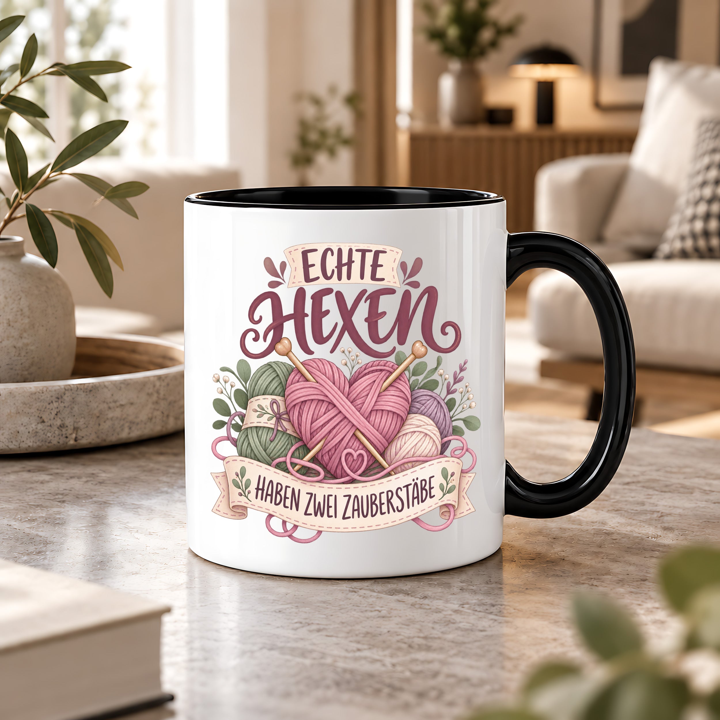 Stricken Tasse Echte Hexen haben zwei Zauberstäbe 330 ml Geschenk für Strickerin Wolle Handarbeit Geburtstag Weihnachten