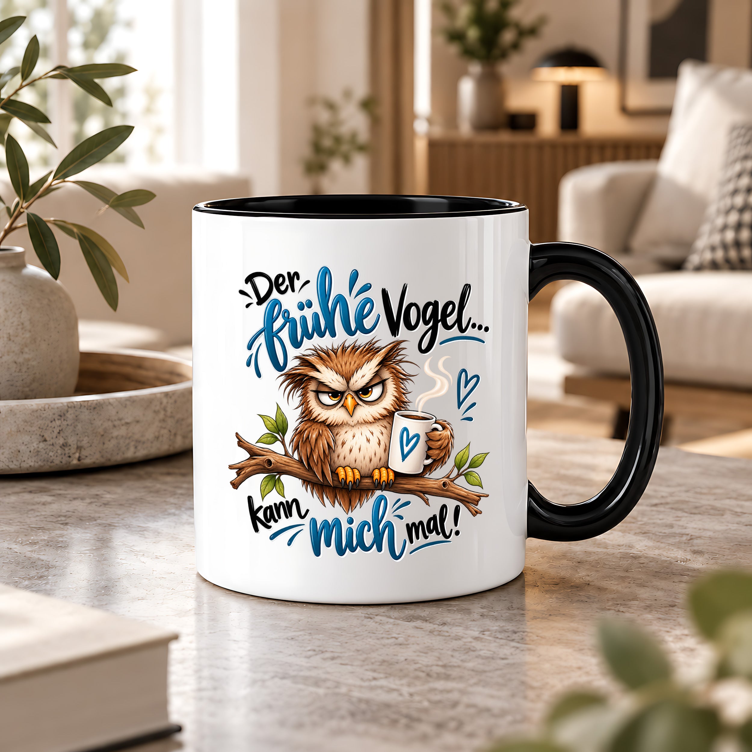 Herzbotschaft Eulen Tasse – Der frühe Vogel kann mich mal – Lustige Kaffeetasse mit mürrischer Eule und Kaffee – Geschenk für Morgenmuffel, Langschläfer, Kaffeeliebhaber, Kollegen und Freunde – 330 ml