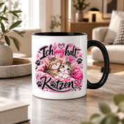 Herzbotschaft Katzen Tasse – Ich mag halt Katzen – Süße Kaffeetasse mit zwei Katzenbabys, Herzen und Pfoten – Geschenk für Katzenliebhaber, Katzenmama, Frauen und Freundin – 330 ml
