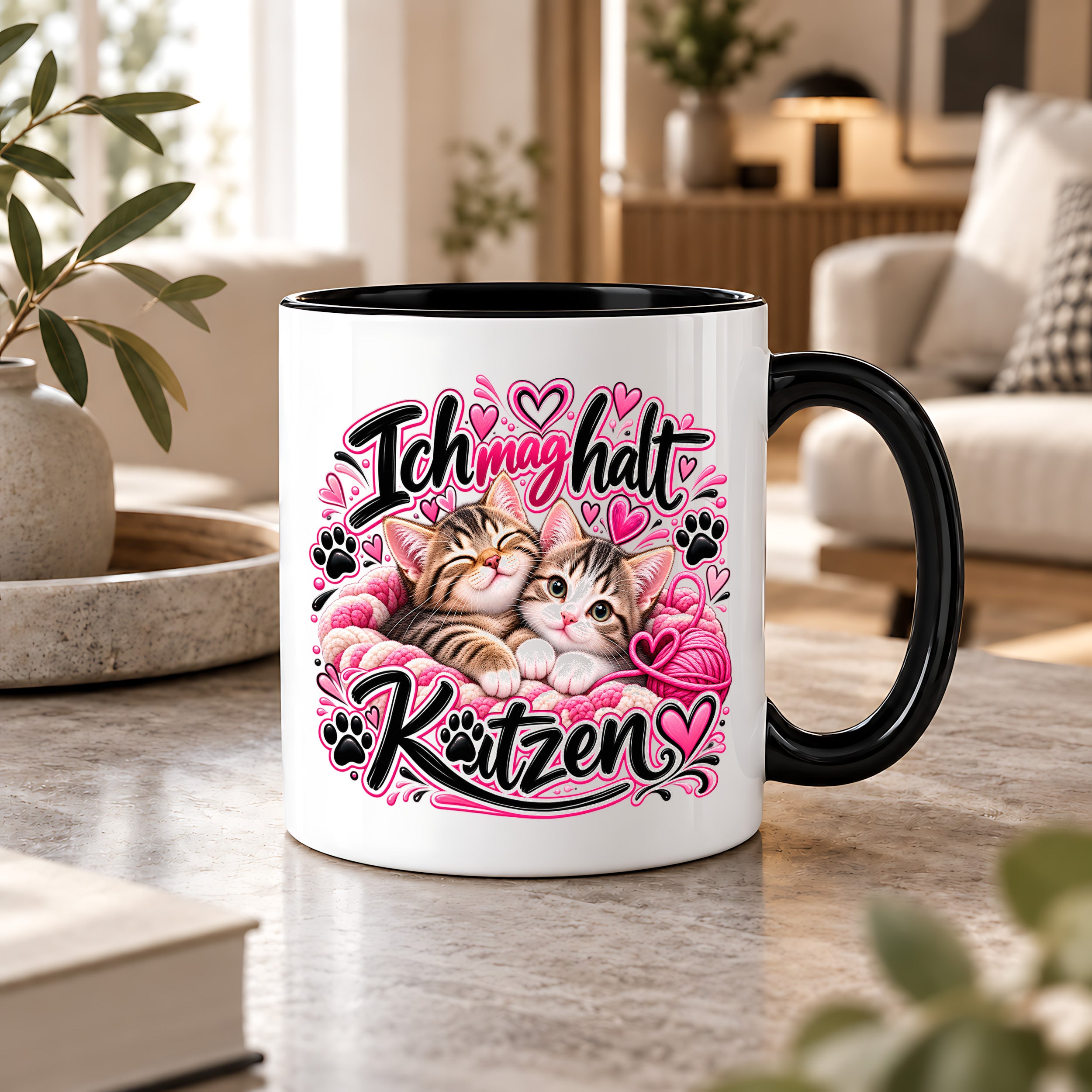 Herzbotschaft Katzen Tasse – Ich mag halt Katzen – Süße Kaffeetasse mit zwei Katzenbabys, Herzen und Pfoten – Geschenk für Katzenliebhaber, Katzenmama, Frauen und Freundin – 330 ml
