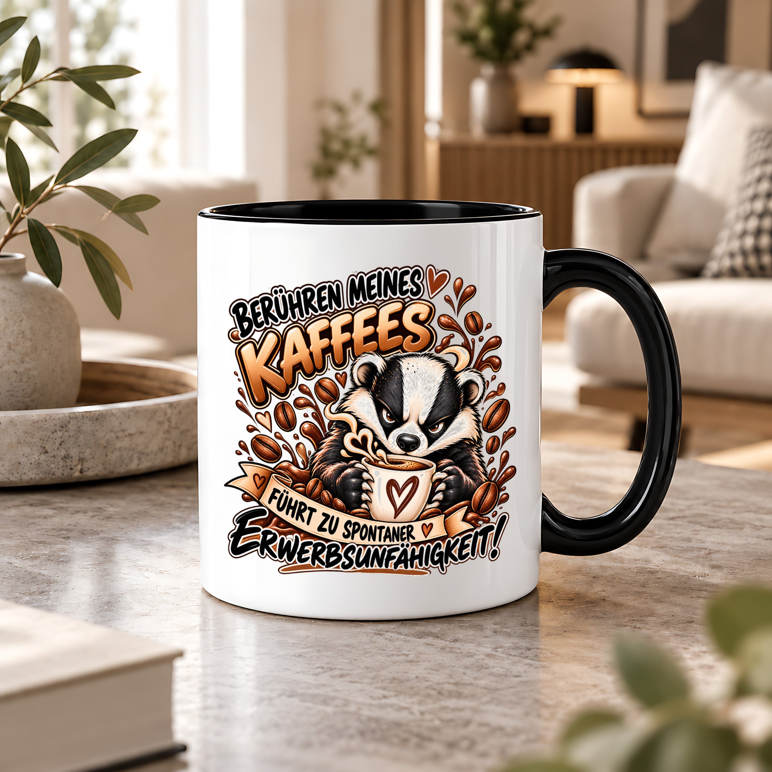 Herzbotschaft Dachs Tasse – Berühren meines Kaffees führt zu spontaner Erwerbsunfähigkeit – Lustige Kaffeetasse mit frechem Dachs Motiv – Geschenk für Kaffeeliebhaber, Kollegen und Büro – 330 ml